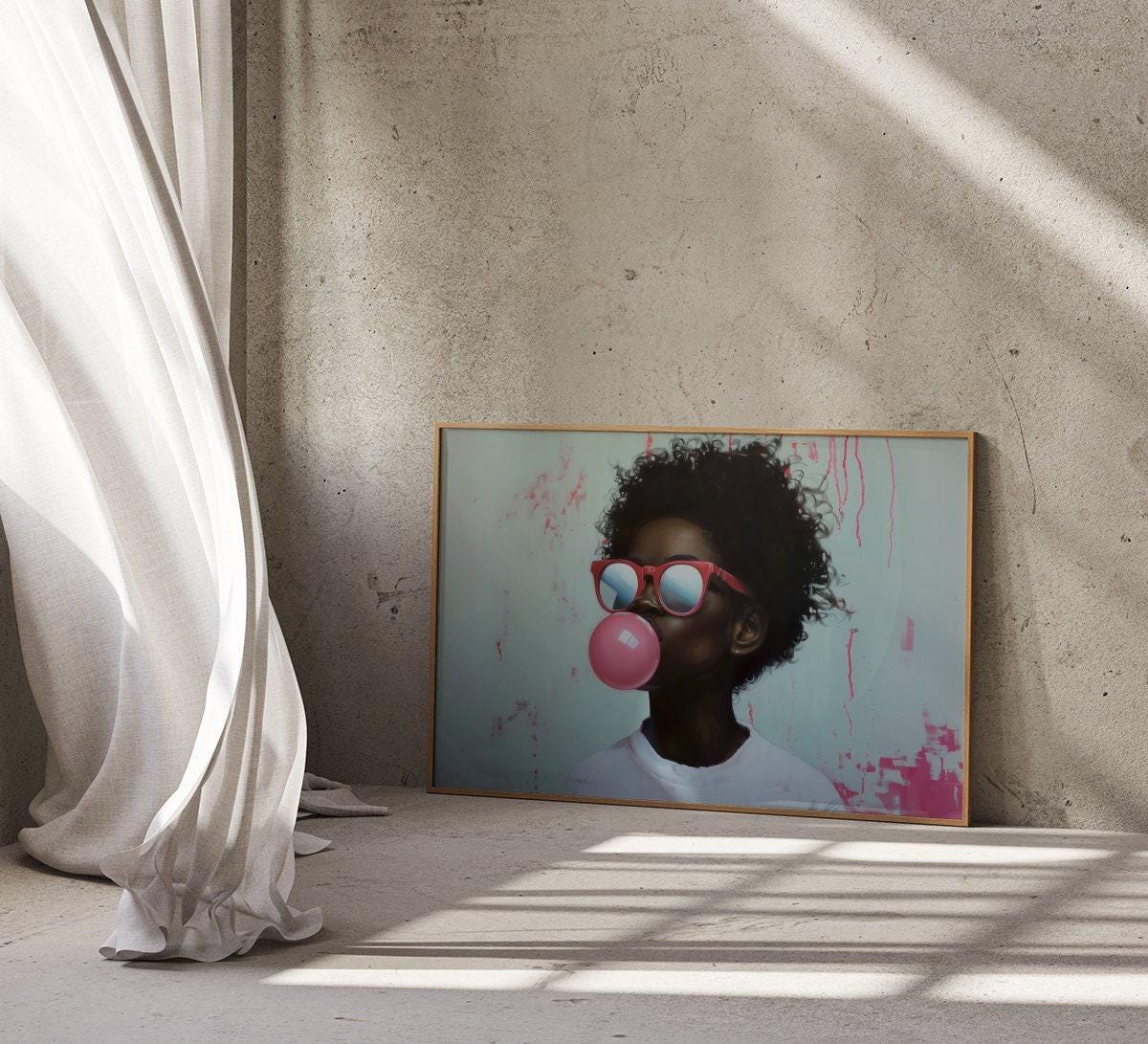 Vibrant African American Portrait Canvas: Bold Colors, Bubble Gum Pop