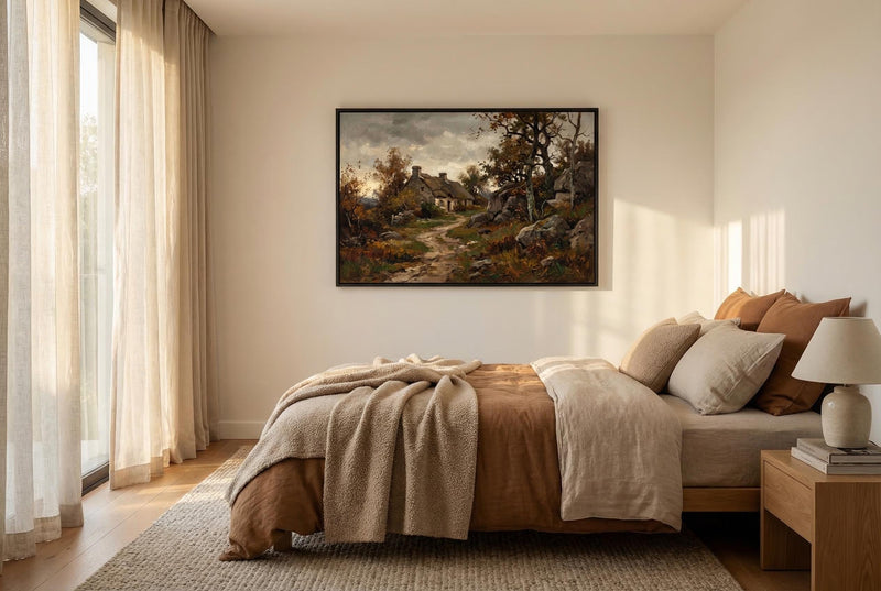 Vintage Cottage Painting Moody Countryside Landscape Art Rustic Farmhouse Wall Decor Framed Canvas