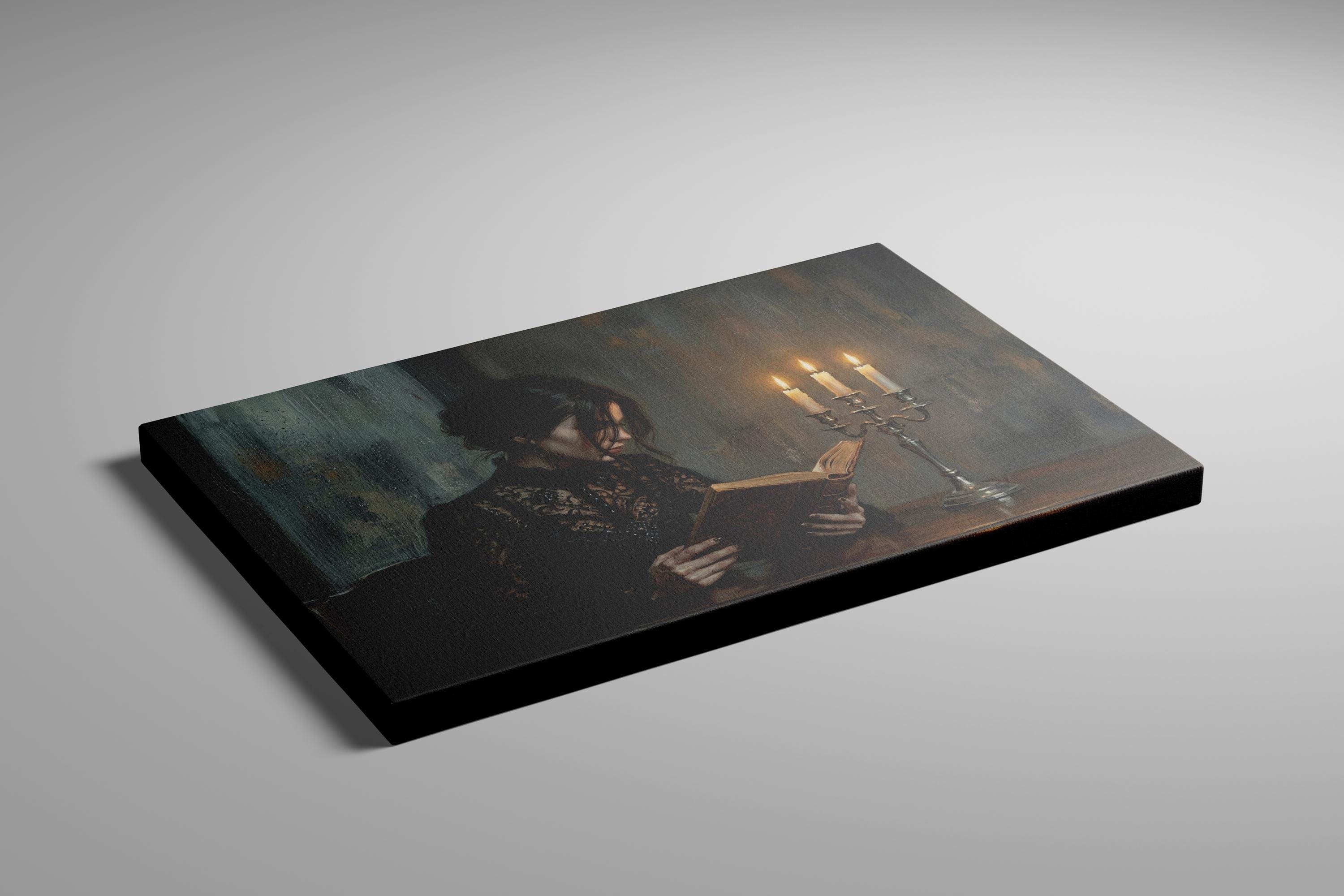 Moody Woman Reading Art - Dark Academia, Candlelit Gothic Scene