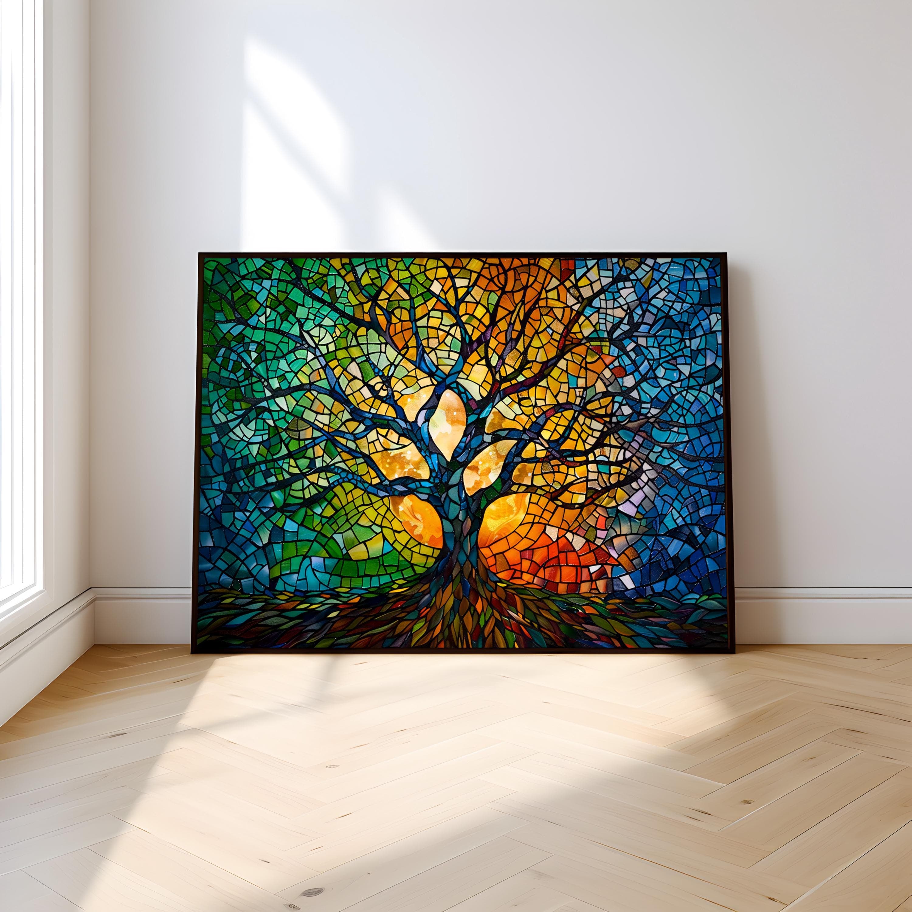 Abstract Mosaic Tree Wall Art - Bright Stained Glass Colors