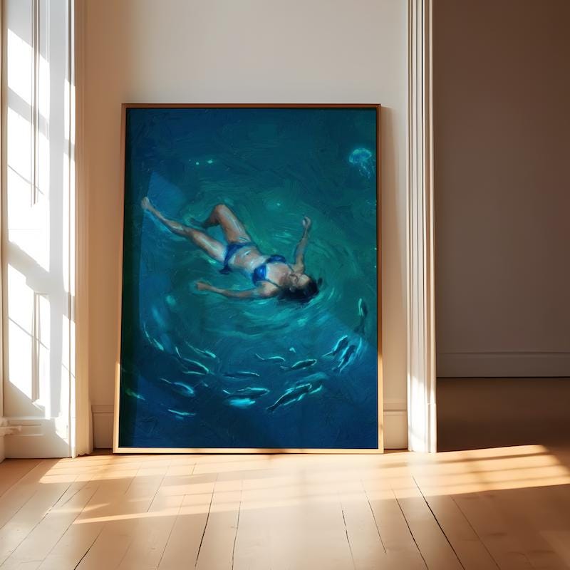 Night Swim Wall Art: Glowing Jellyfish - Moody Ocean Scene