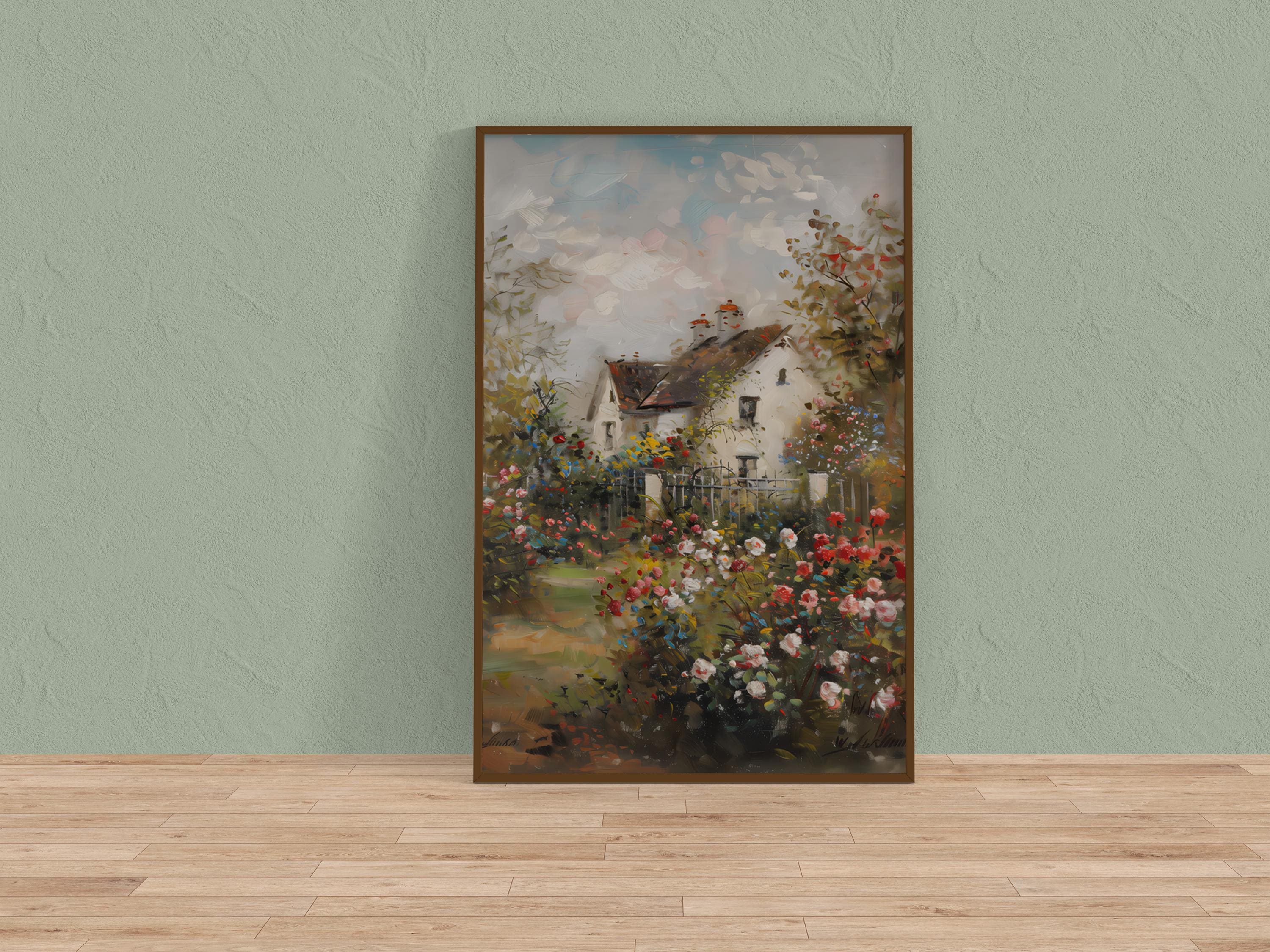 Vintage Cottage Rose Garden Art Print | Nostalgic & Tranquil Floral Wall Decor