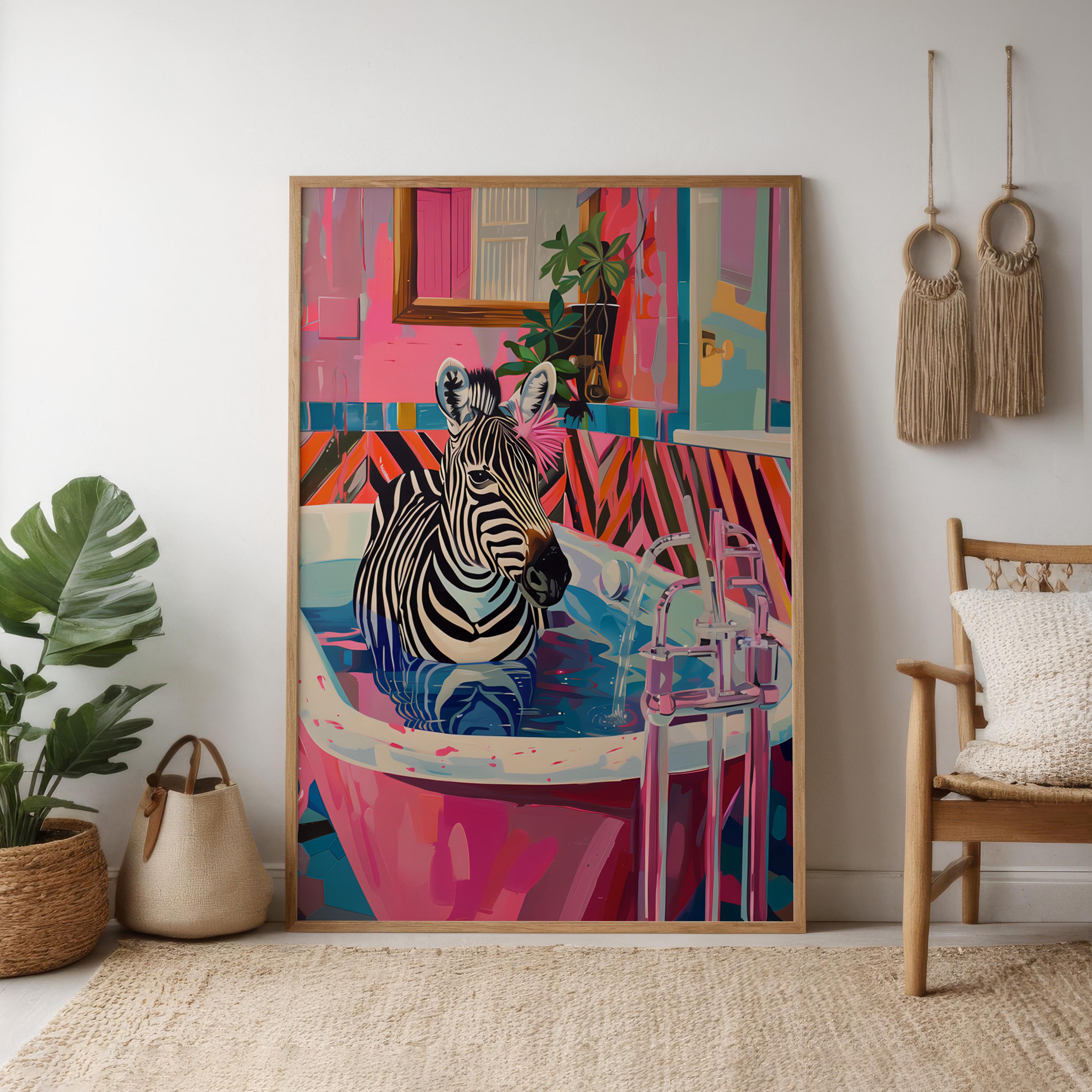 The Eccentric Bather: Chic Zebra in Pink Bathtub Art | Maximalist & Preppy Bathroom Decor