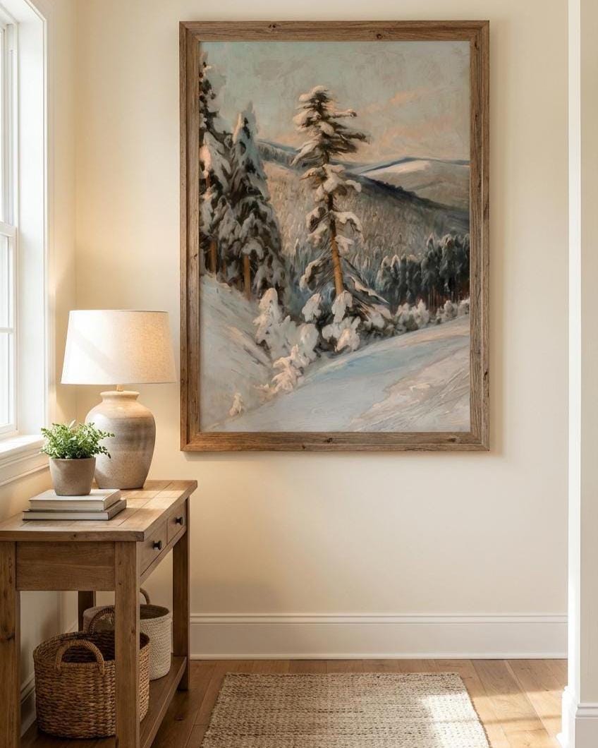 Cozy Winter Wall Art – Snowy Forest Print with Rustic Cabin Decor & Serene Nature Scene