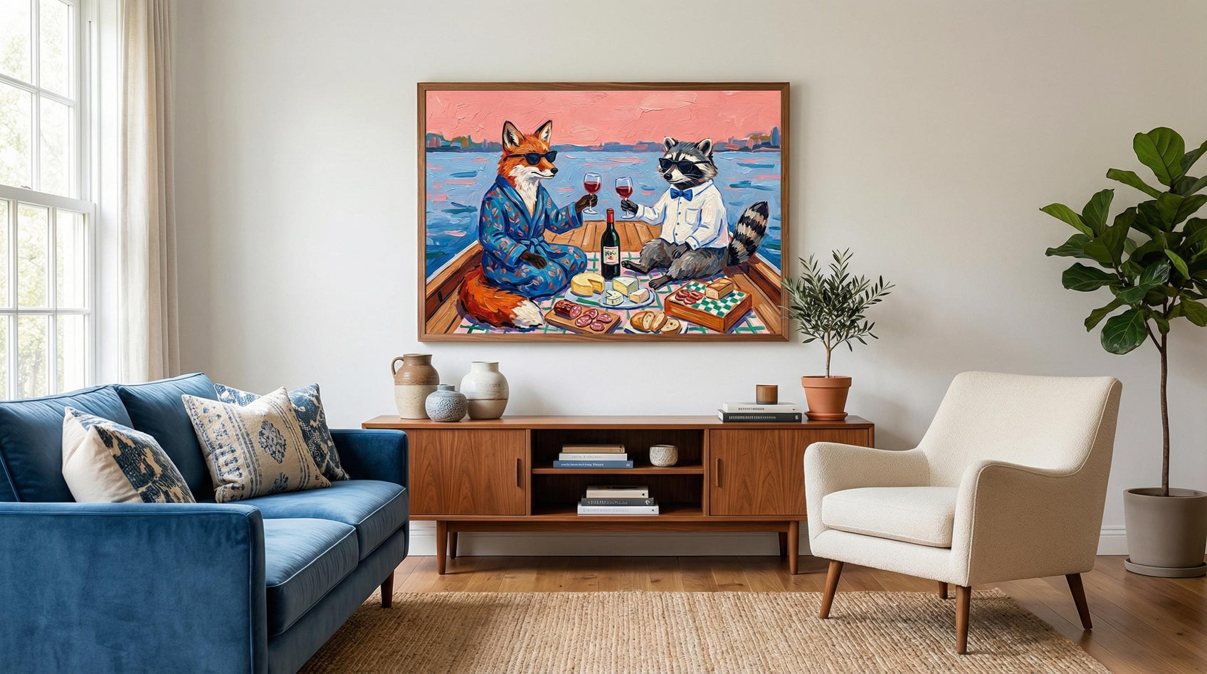 Animal Picnic Wall Art Print, Playful Scene (Matte, Canvas, Framed)