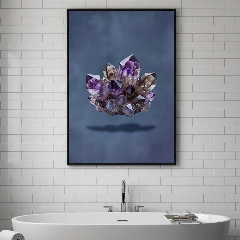 a large, framed photograph of a cluster of purple and brown crystals hanging above a white bathtub in a bathroom.