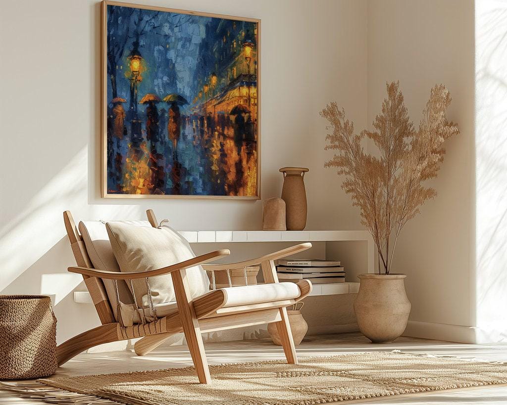 The Golden Street: Impressionist Rainy City Night with Umbrellas | Moody & Romantic Wall Art