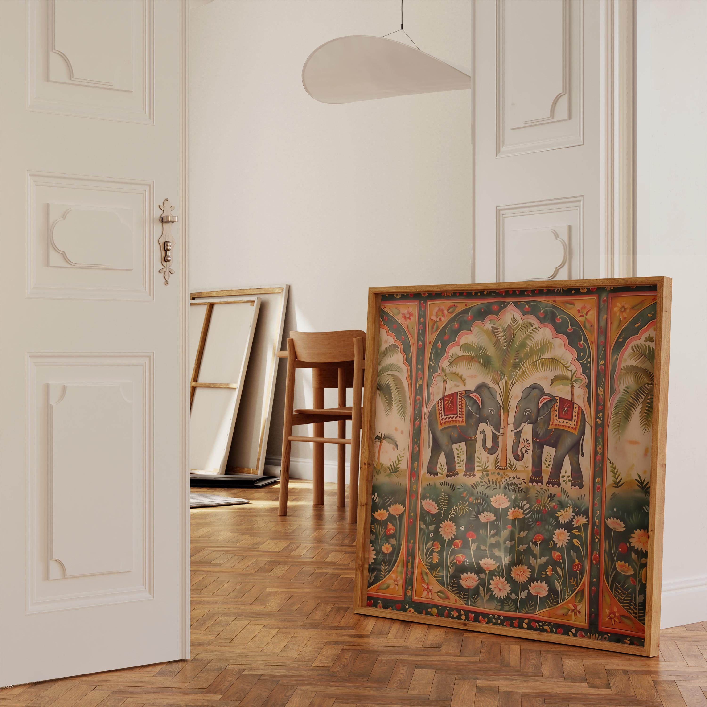 Pichwai Elephant & Lotus Art: Traditional Indian Floral Canvas | Vintage Cultural Wall Decor