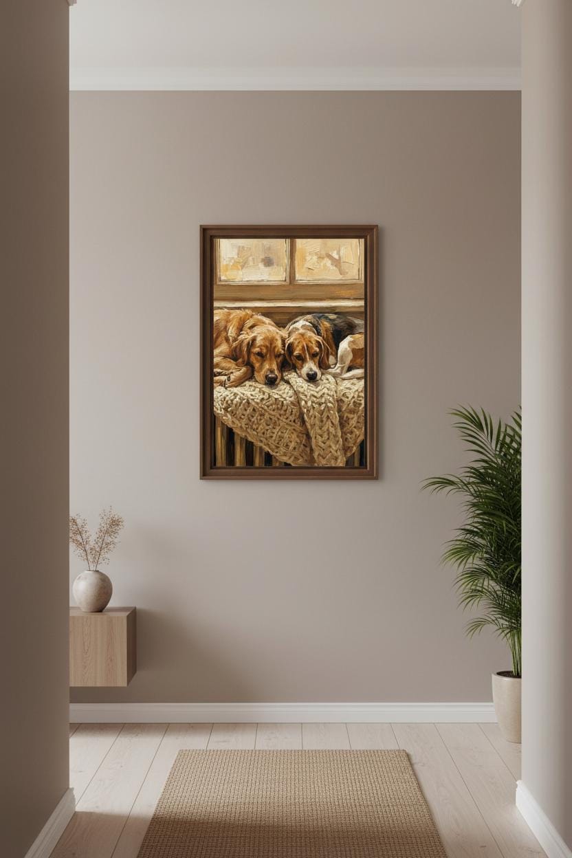Golden Retriever & Beagle Wall Art: Cozy Rustic Dog Print