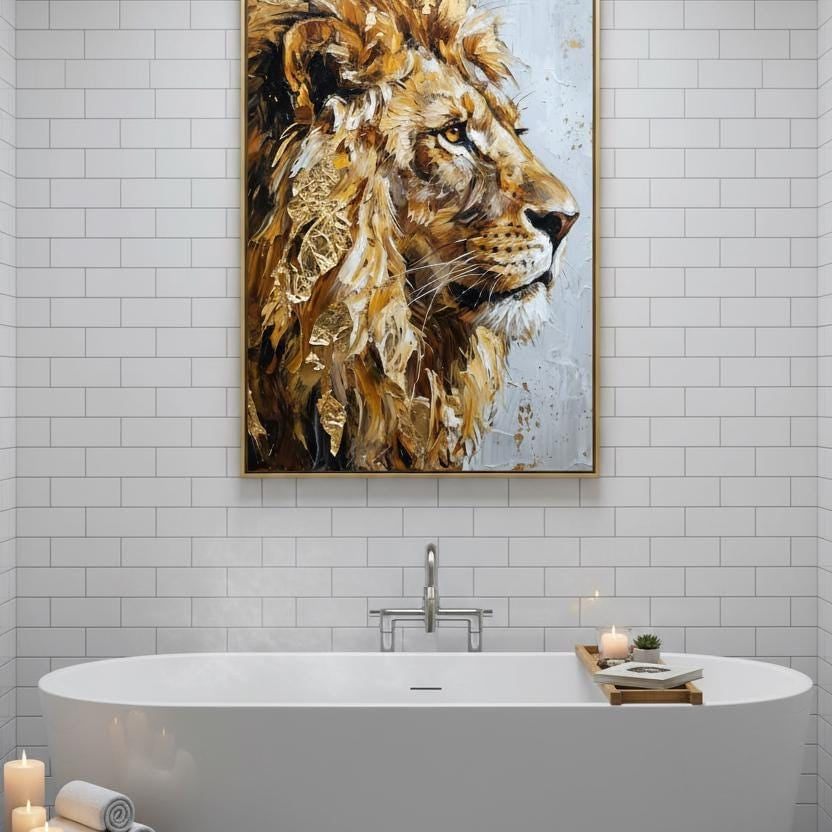 a large, framed painting of a lion's head above a white bathtub in a bathroom setting.