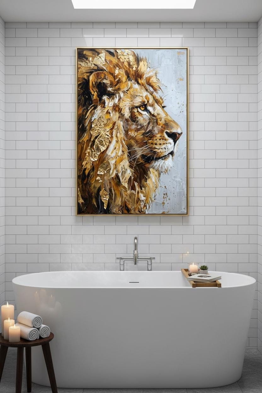 a large, framed painting of a lion's head above a white bathtub in a bathroom setting.