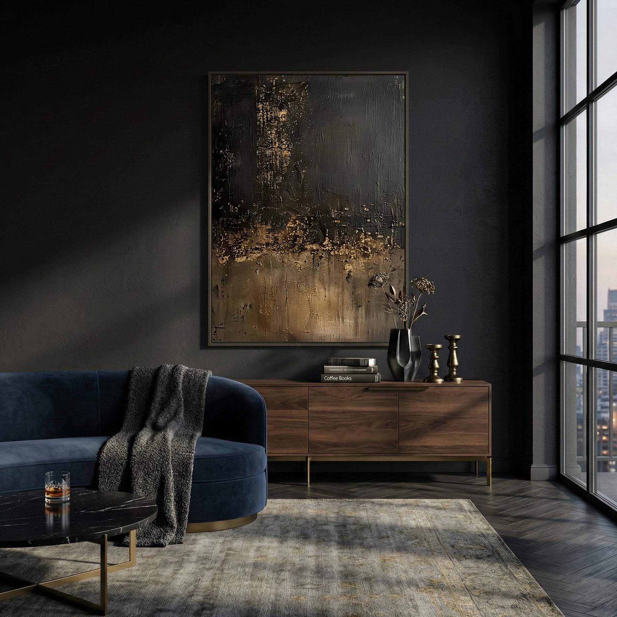 Abstract Wall Art: Black, Gold, Brown Minimalist Canvas (Living Room Decor)