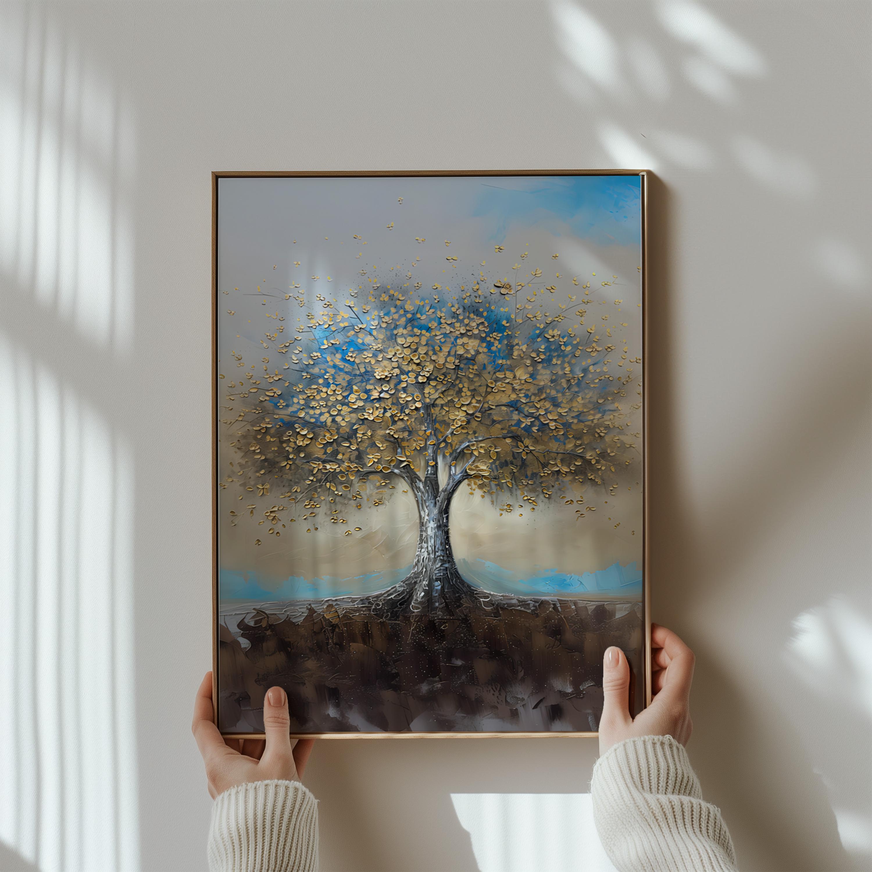 Golden Tree of Life Canvas Art | Blue & Gold Abstract Wall Decor for Serene Spaces