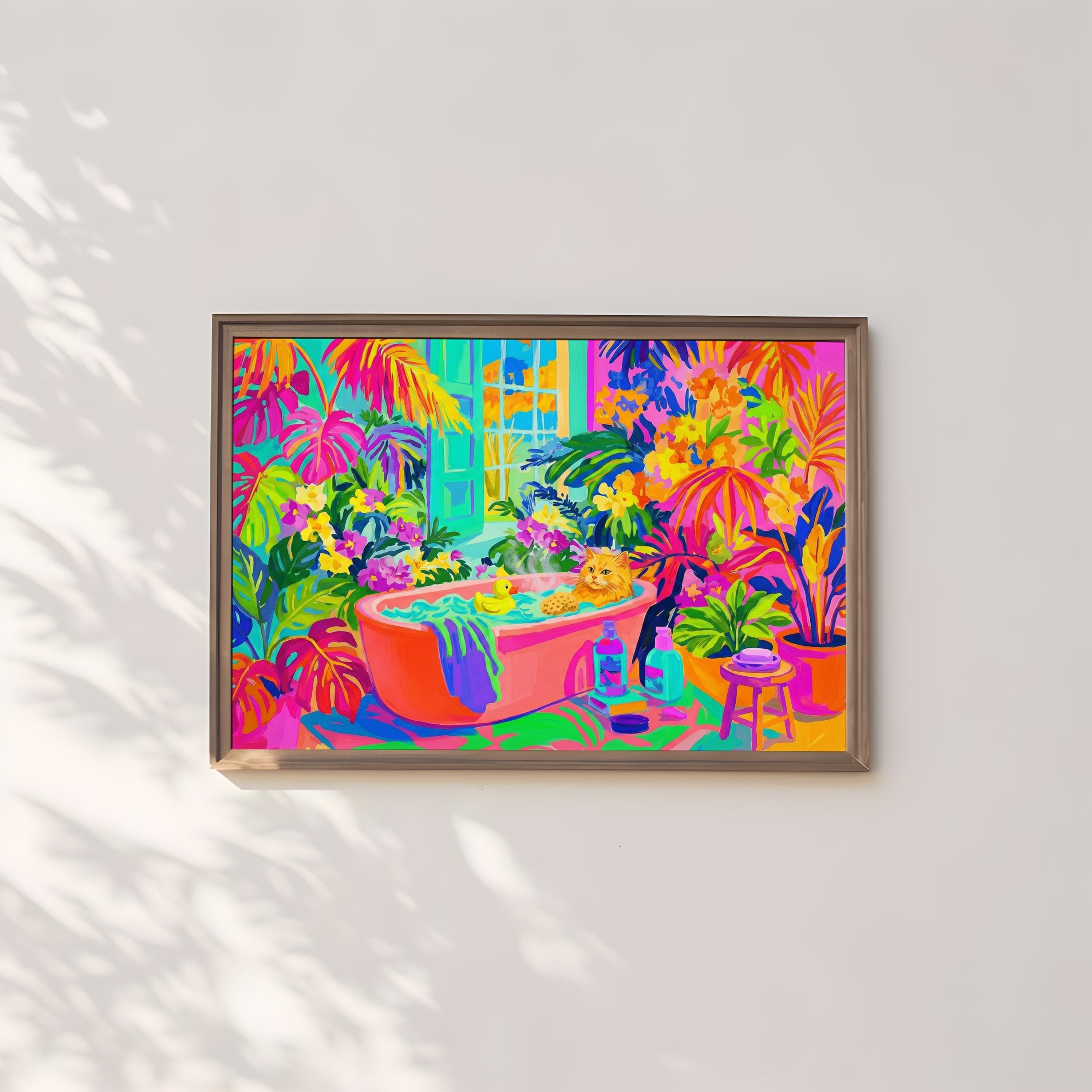 Whimsical Cat Canvas, Orange Tabby in Bathtub (Bold Fauvist Colors)