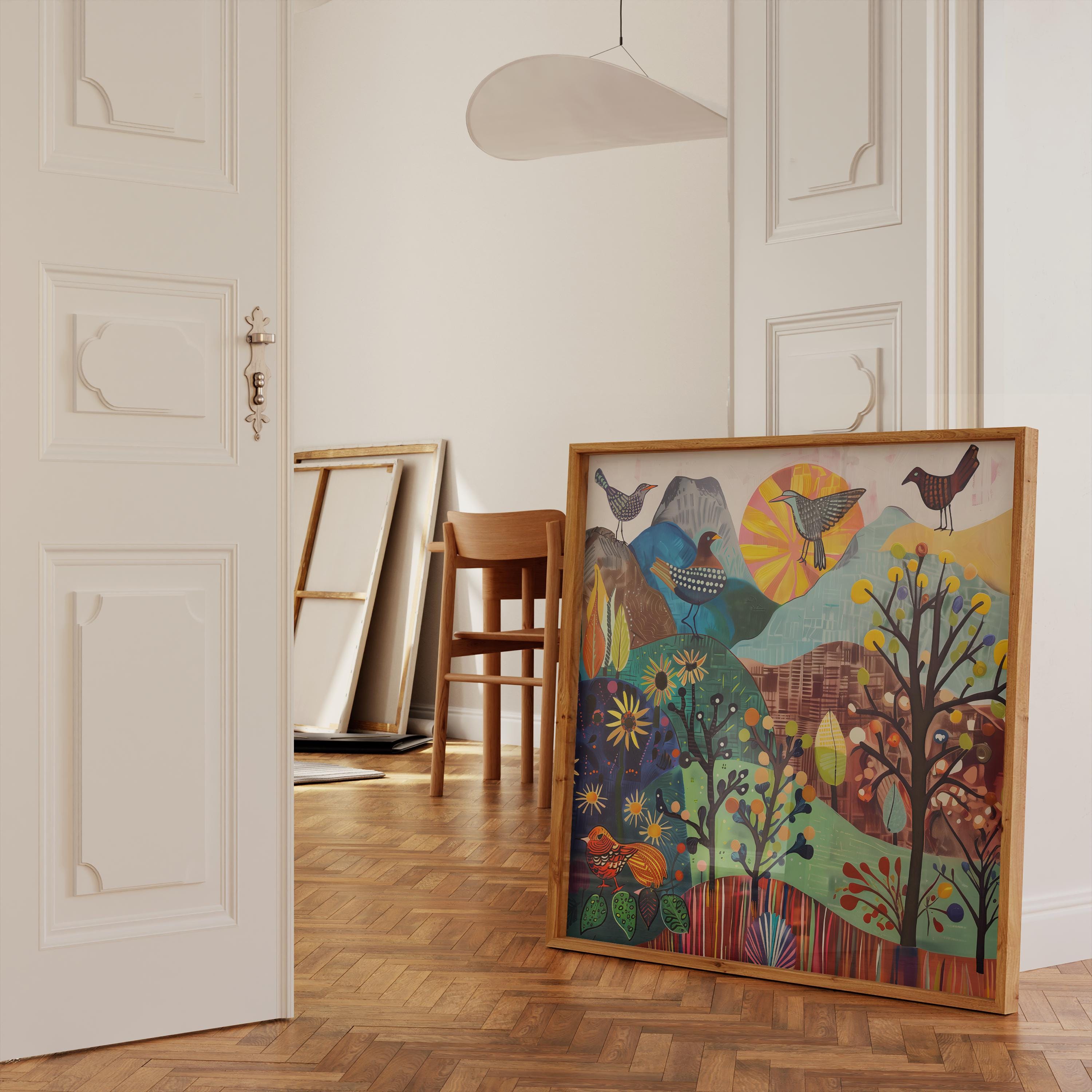 Little Green Valley Wall Art: Serene Birds and Mountain Landscape