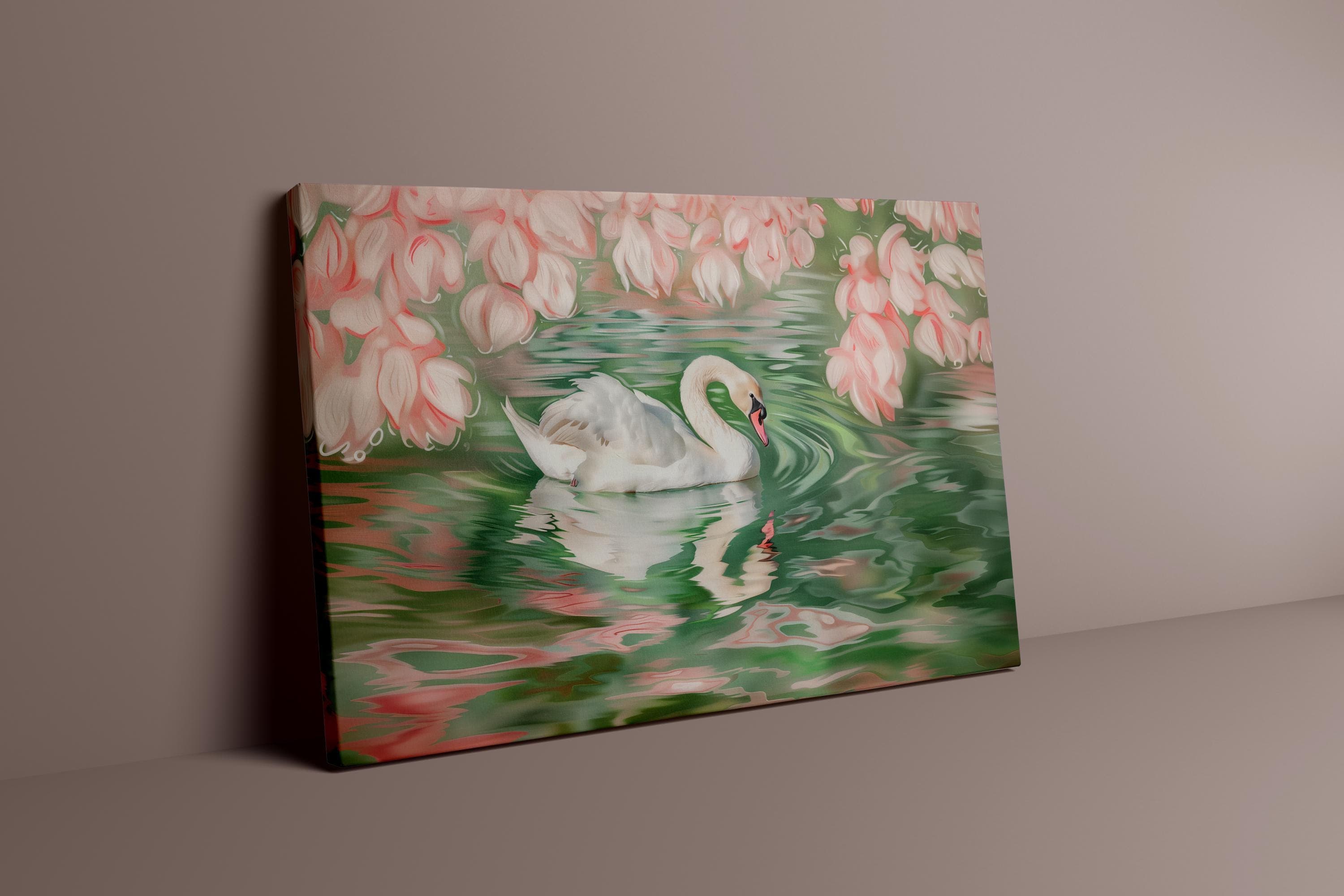 Swan Wall Art: Soft Pink Green Illustration - Calm Nature Scene