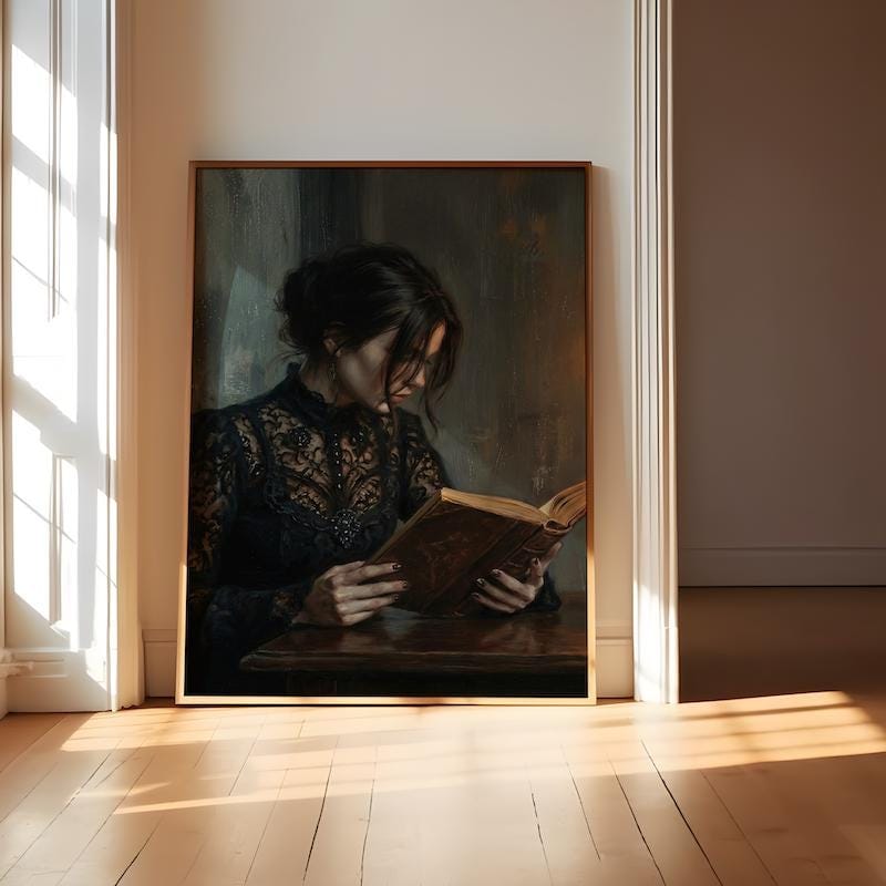 Moody Woman Reading Art - Dark Academia, Candlelit Gothic Scene