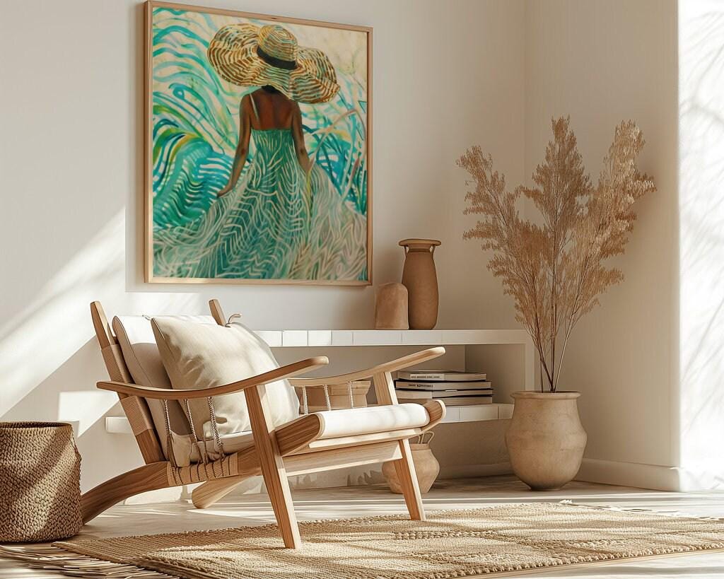 The Dreamer's Path: Surreal Woman in Hat in a Swirling Tropical Landscape | Vibrant & Abstract Wall Art