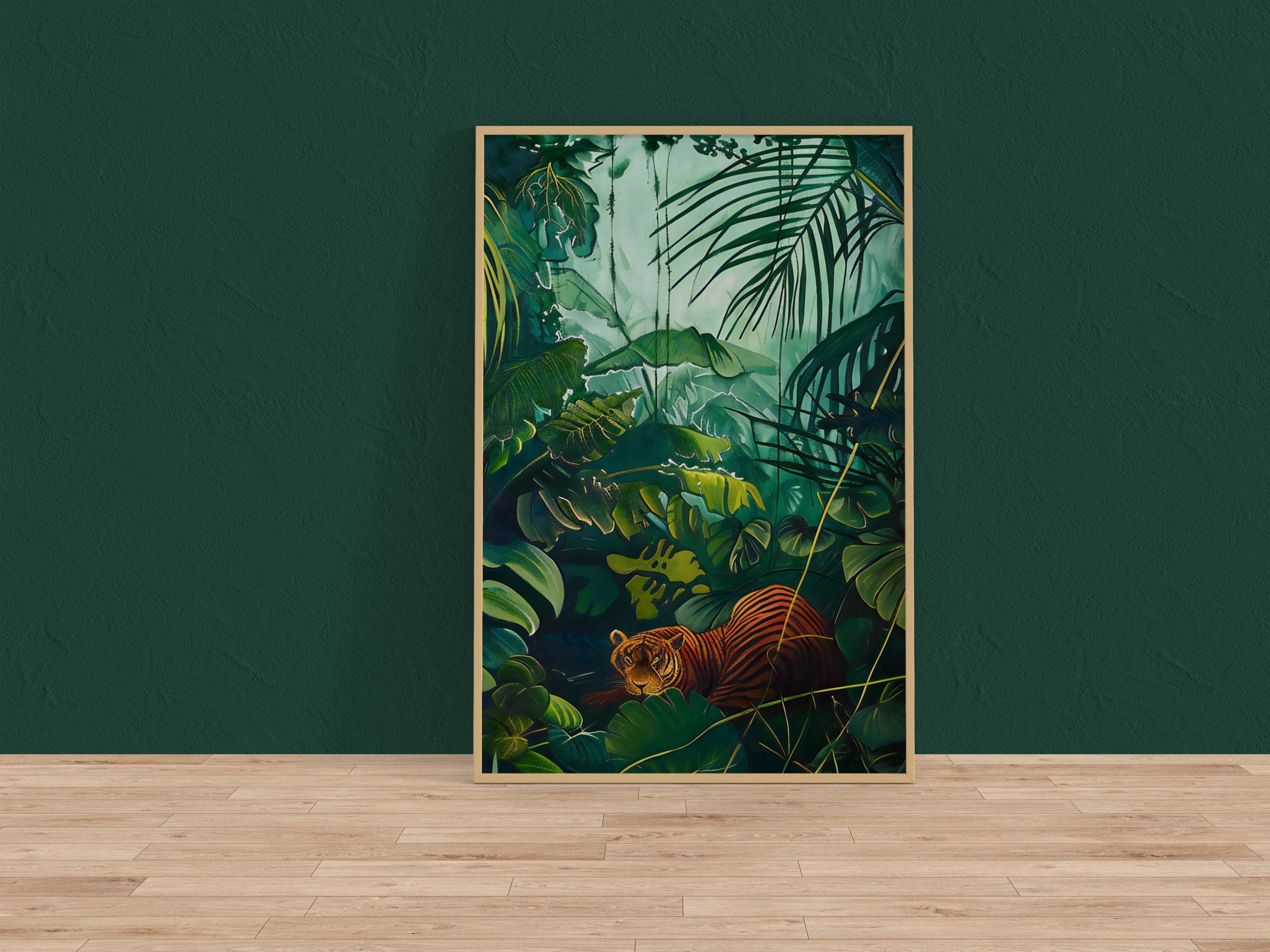 Jungle Serenity: Majestic Tiger Resting in Tropical Art | Green Wildlife Decor