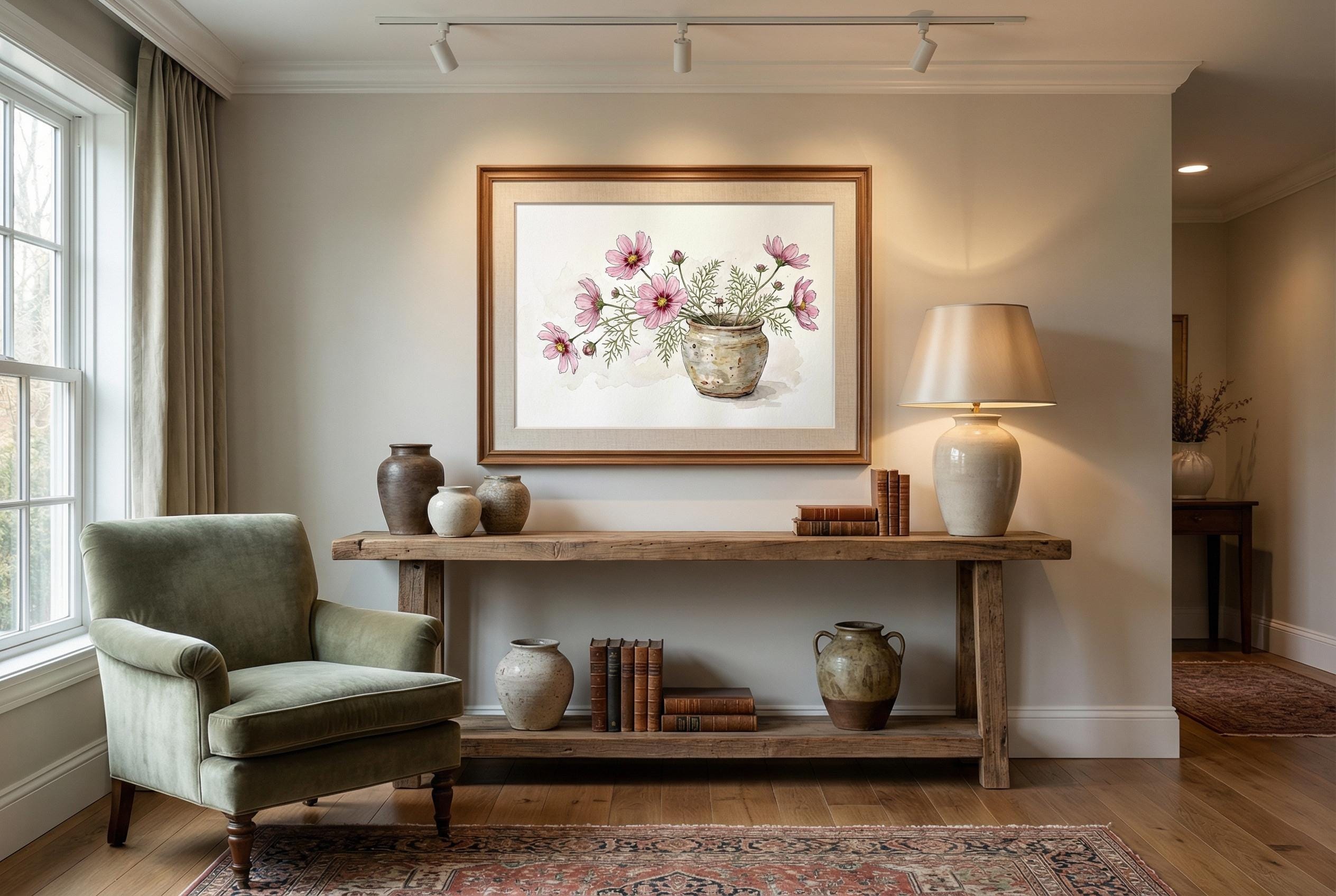 Flower Pot Wall Art: Pink Watercolor Print (Framed or Canvas)