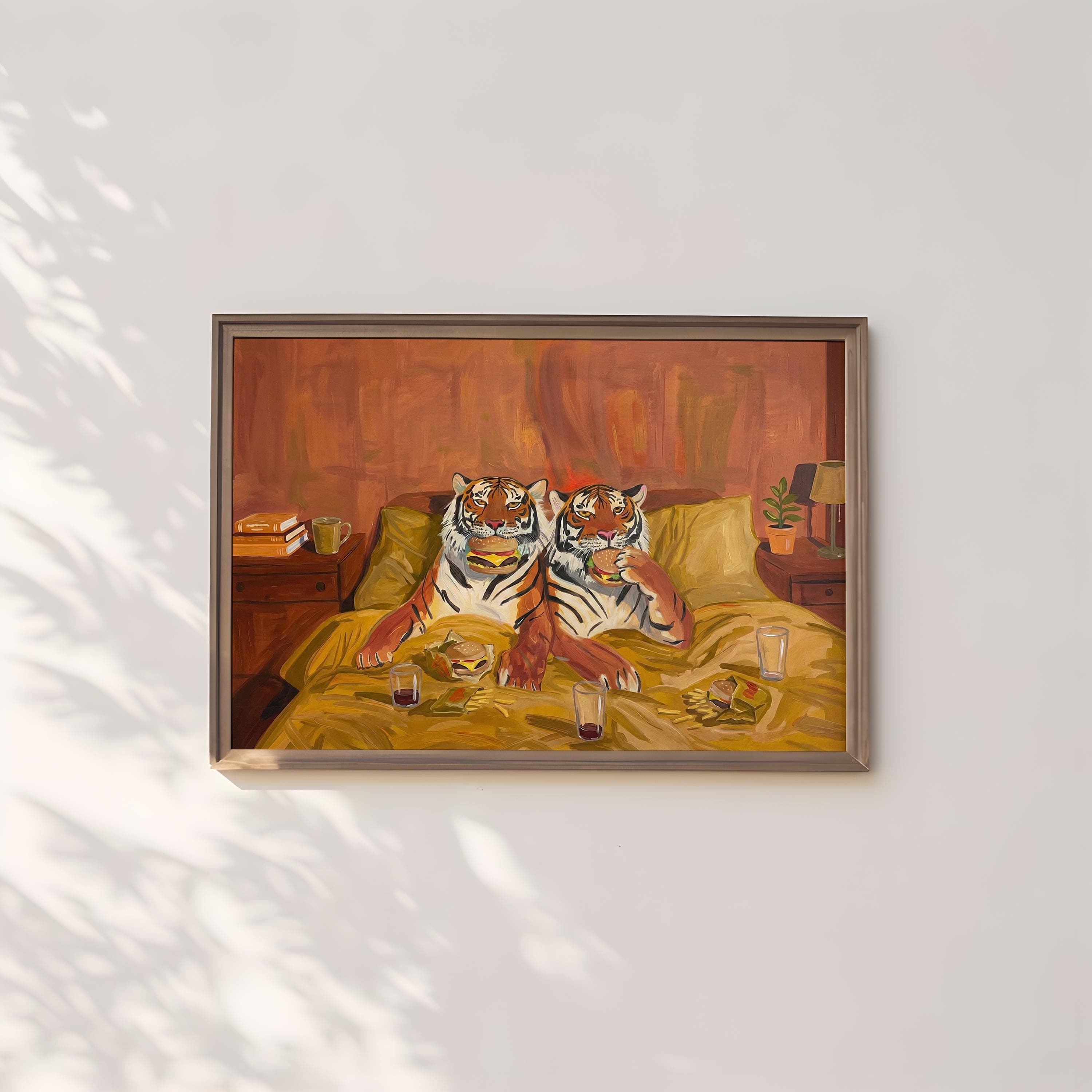 Quirky Tiger Canvas, Burgers and Fries, Warm Tones (Bedroom or Dorm)