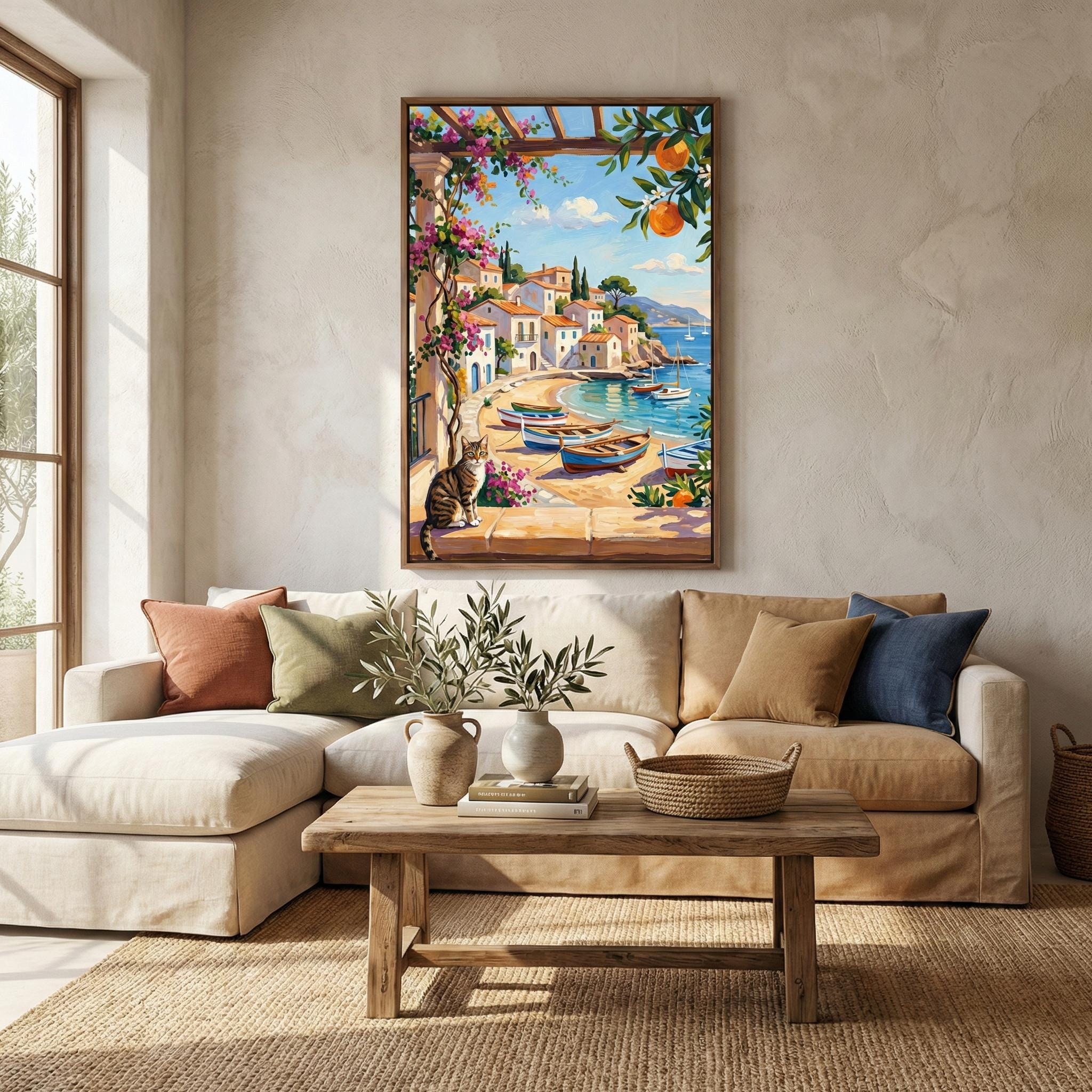 Italian Coastal Wall Art: Mediterranean View with Cat - Vibrant Colors
