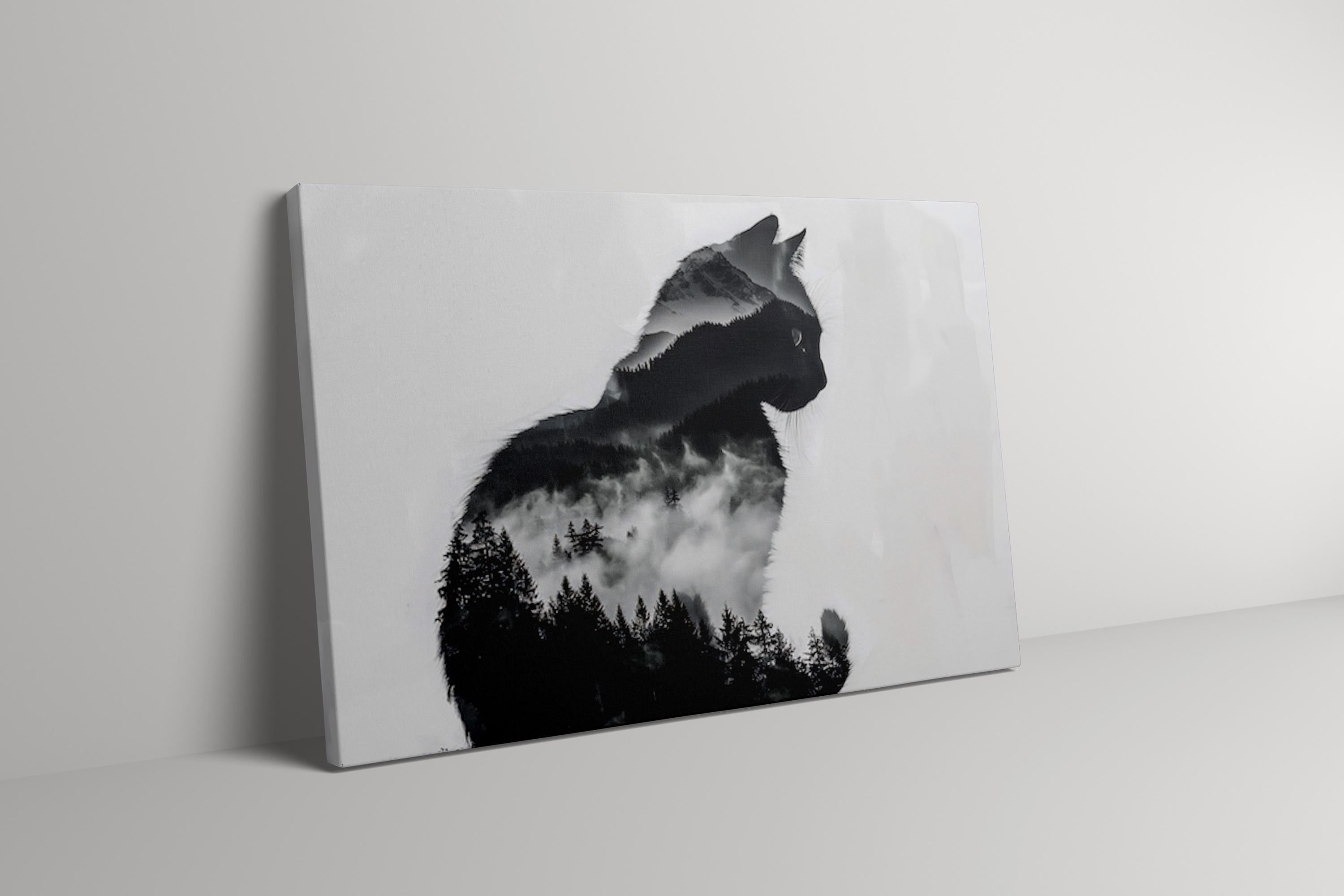 Mountain Soul: Surreal Cat & Forest Double Exposure Art | Mystical Black & White Decor