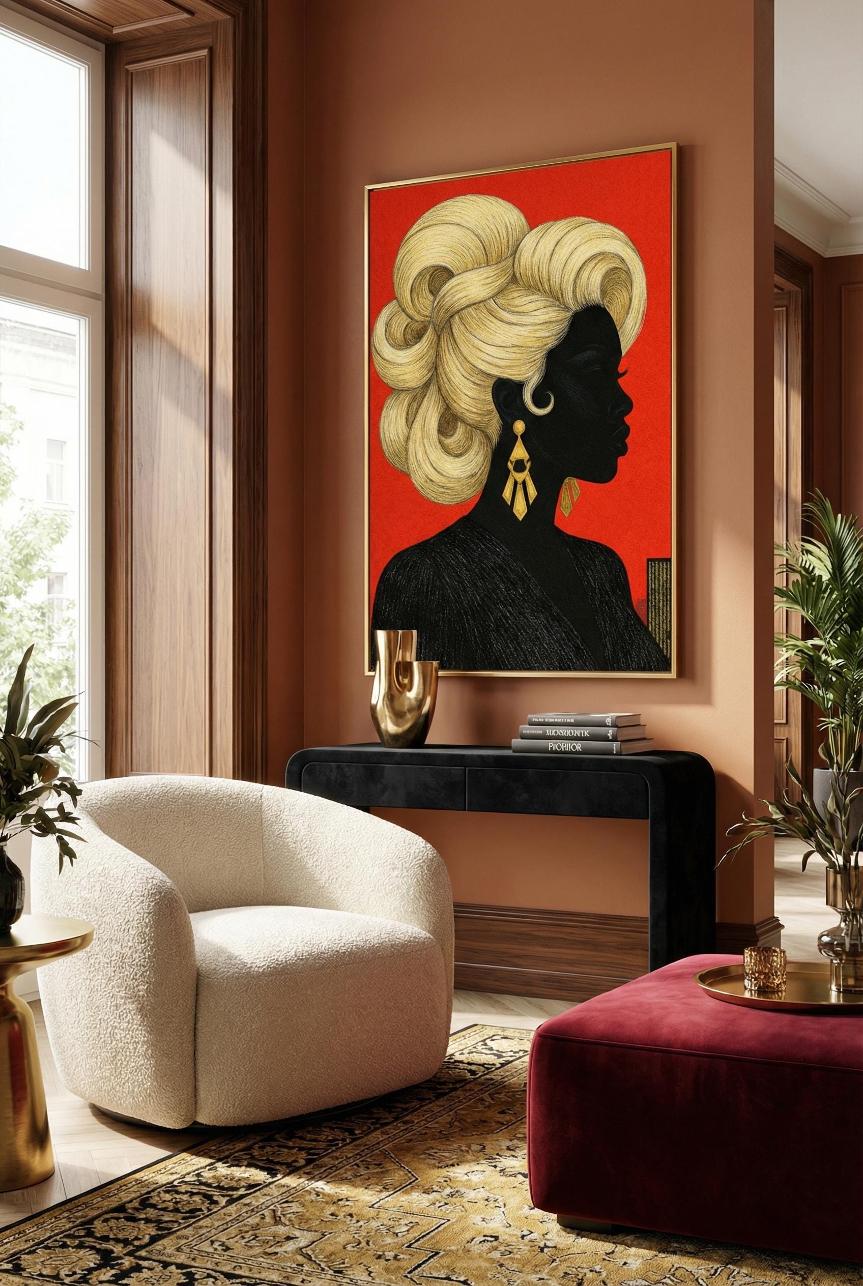 Women and Golden Hair Wall Art Print: Modern Home Decor