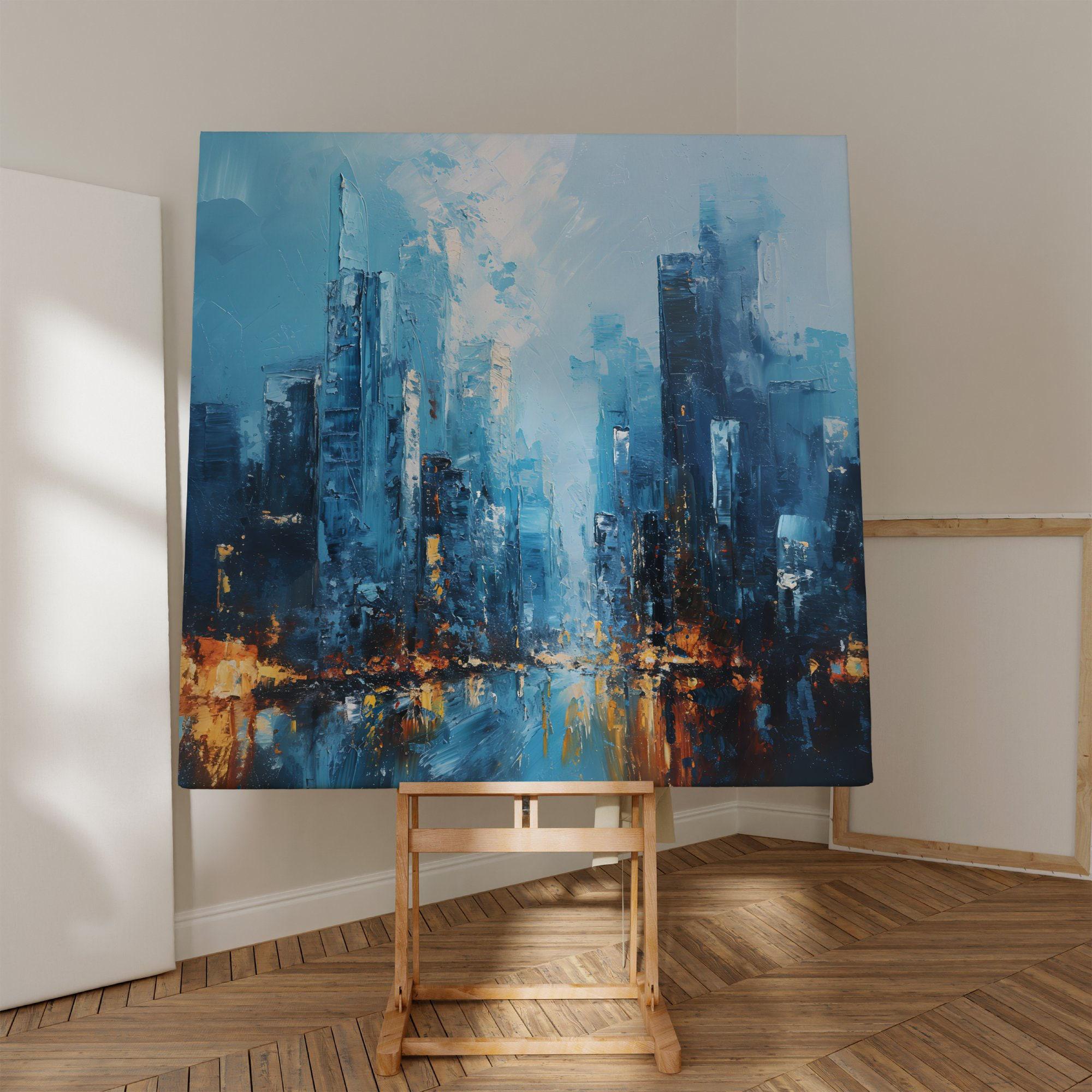 City of Memory: Abstract Impressionist Cityscape | Blue & Gold Urban Wall Art
