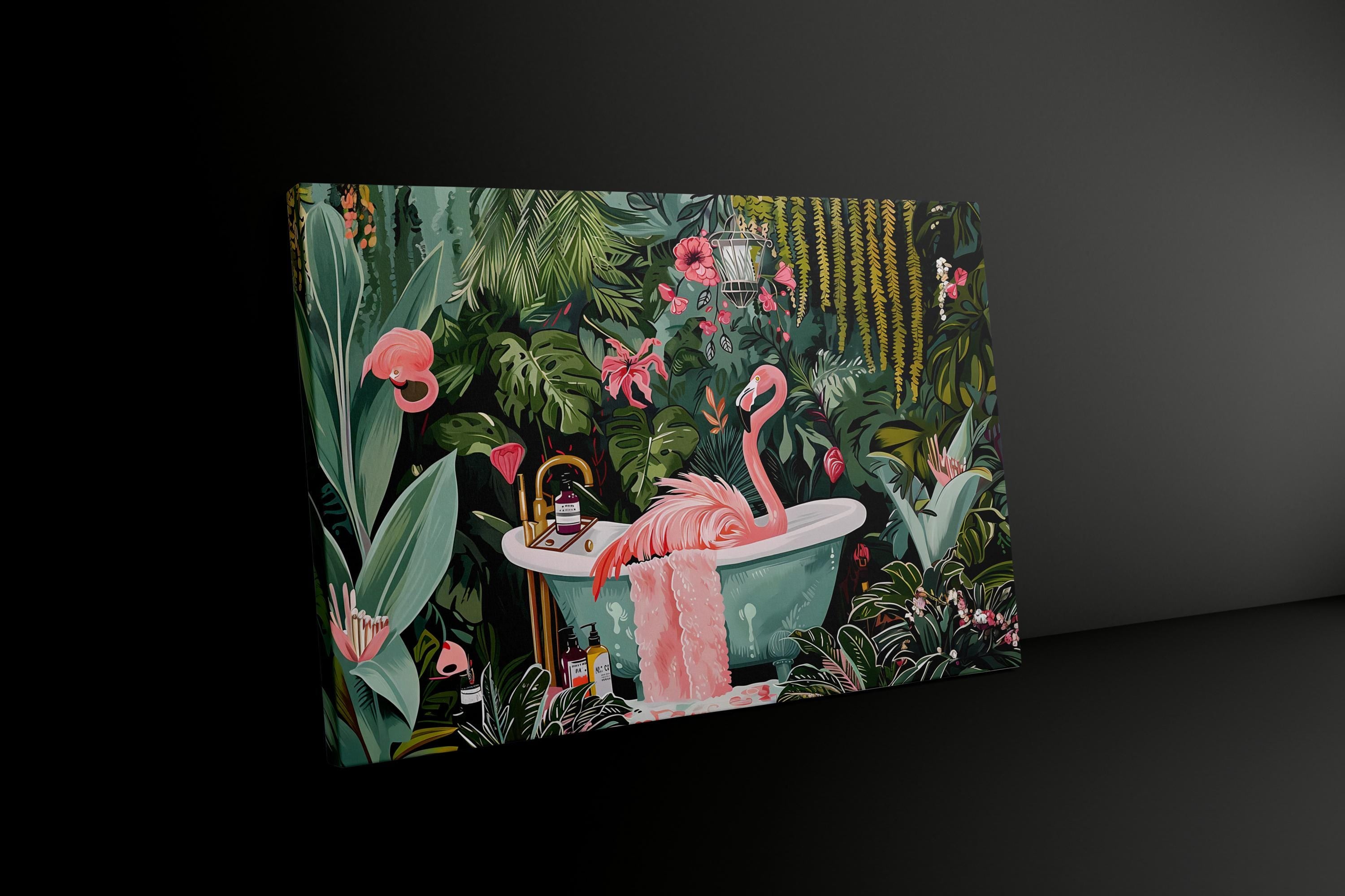 The Jungle Oasis: Whimsical Flamingo in Bathtub Art | Playful & Eclectic Bathroom Decor