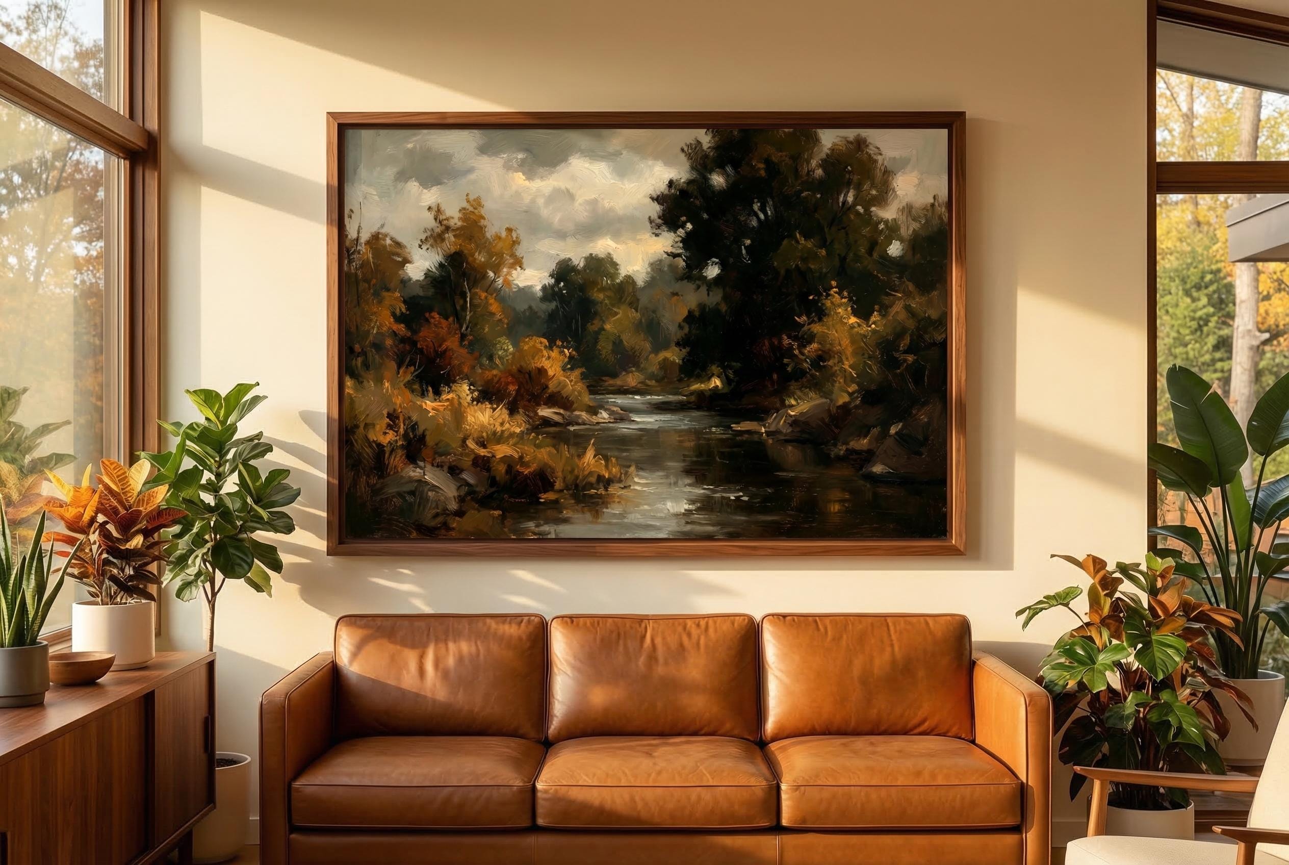 Moody Autumn River Landscape Painting, Vintage Forest Wall Art, Rustic Dark Academia Cabin Decor