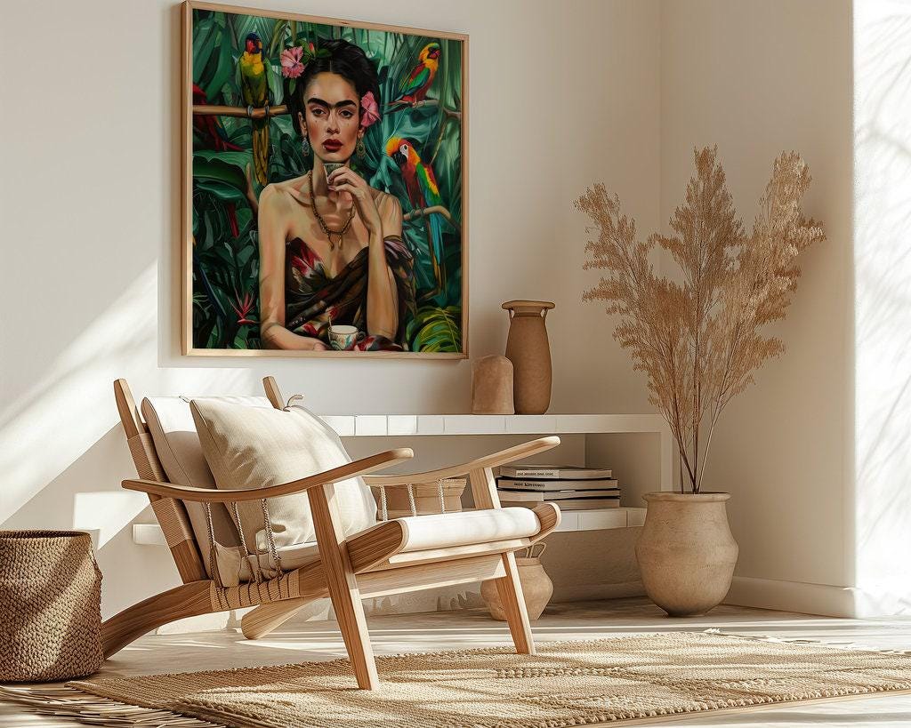 Tropical Goddess: Vibrant Jungle Portrait with Parrots | Exotic Floral Wall Art Decor