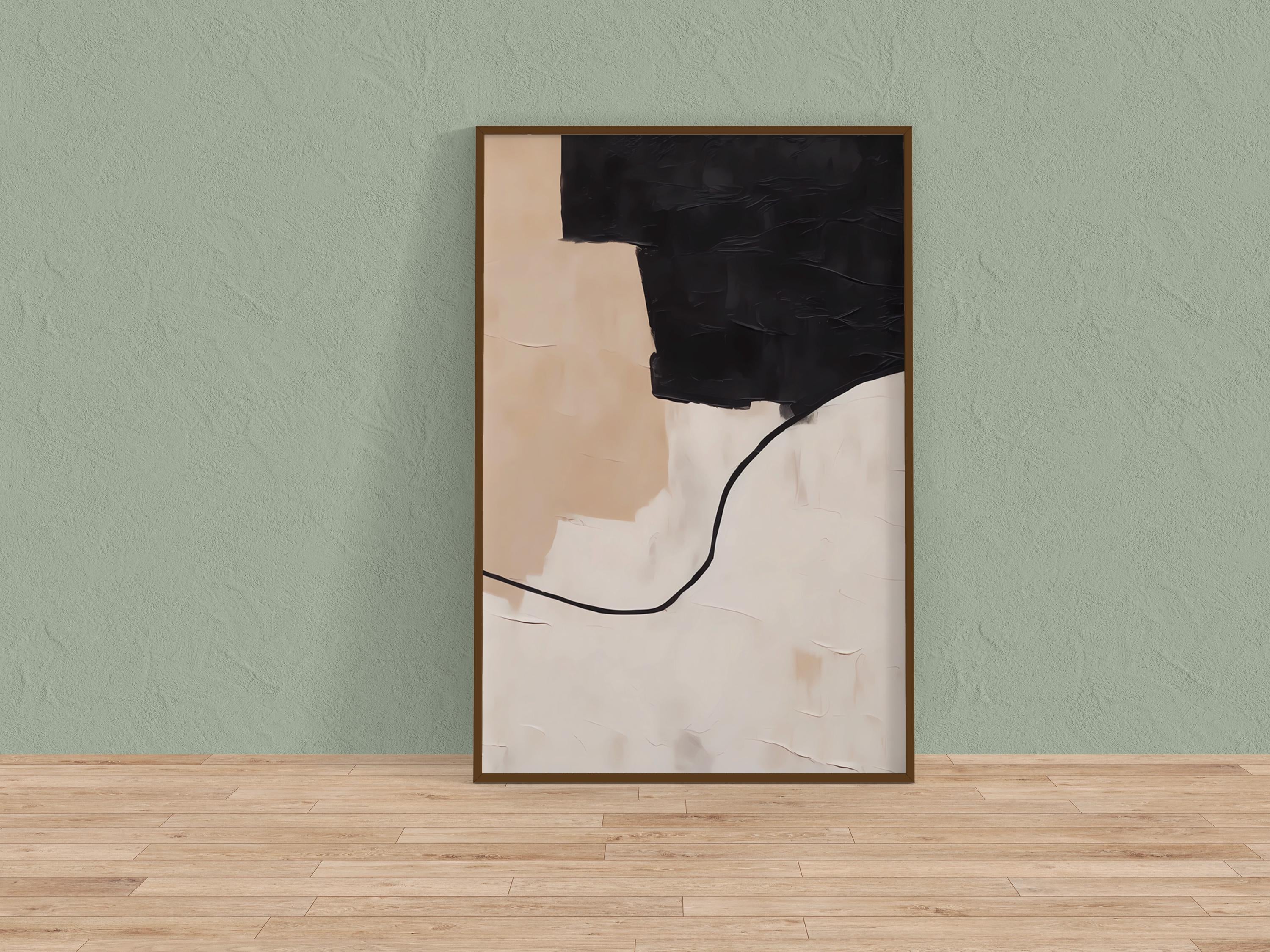 Modern Minimalist Abstract Art | Beige and Black Framed Print for Elegant Interiors