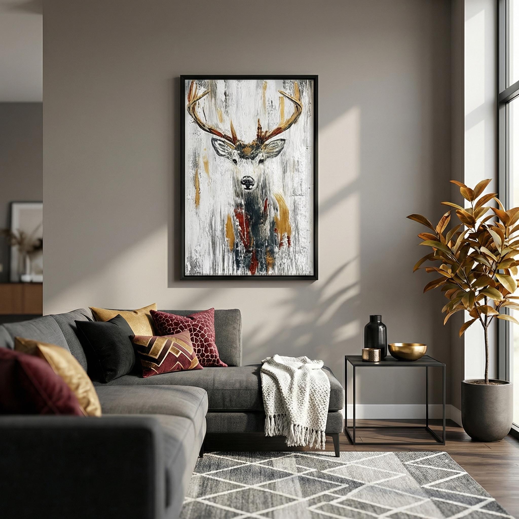 Serene Deer Canvas, Abstract Forest Art (Modern Wall Decor)
