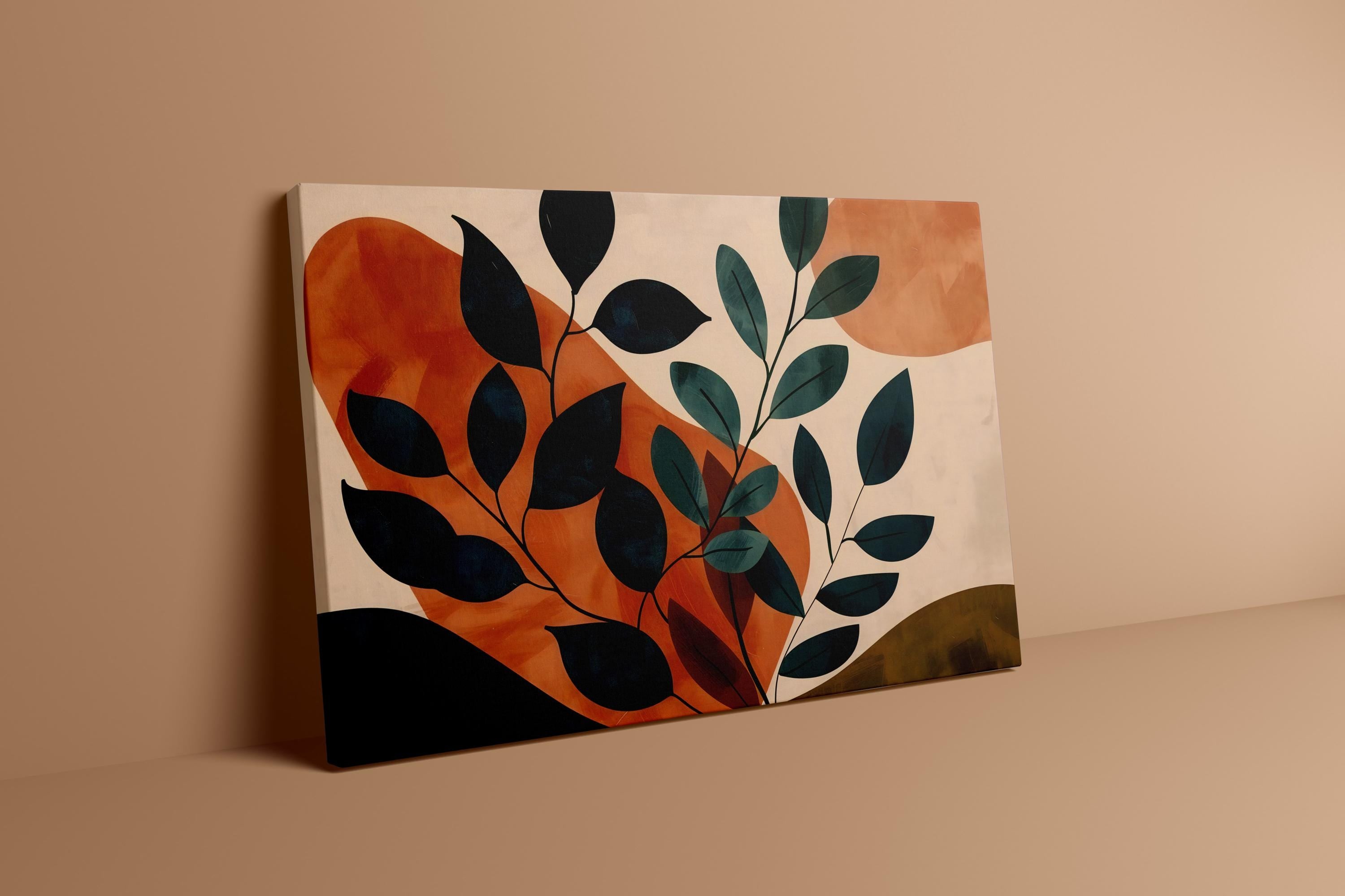 Sunset Leaves: Modern Botanical Abstract Art | Warm Orange & Green Wall Decor