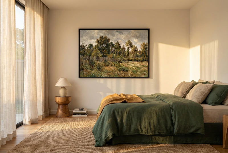 Vintage Meadow Landscape Painting Rustic Wooden Fence Art Farmhouse Wall Decor Cottagecore Print
