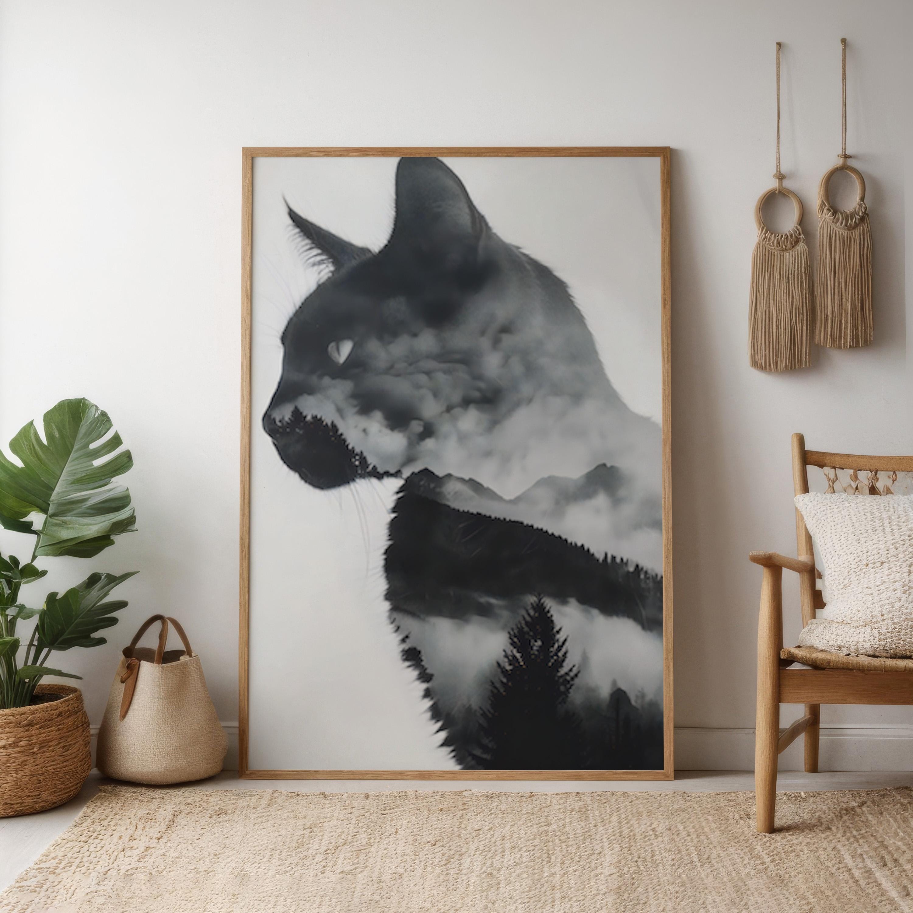 Spirit of the Wild: Surreal Cat & Mountain Double Exposure Art | Ethereal Black & White Decor