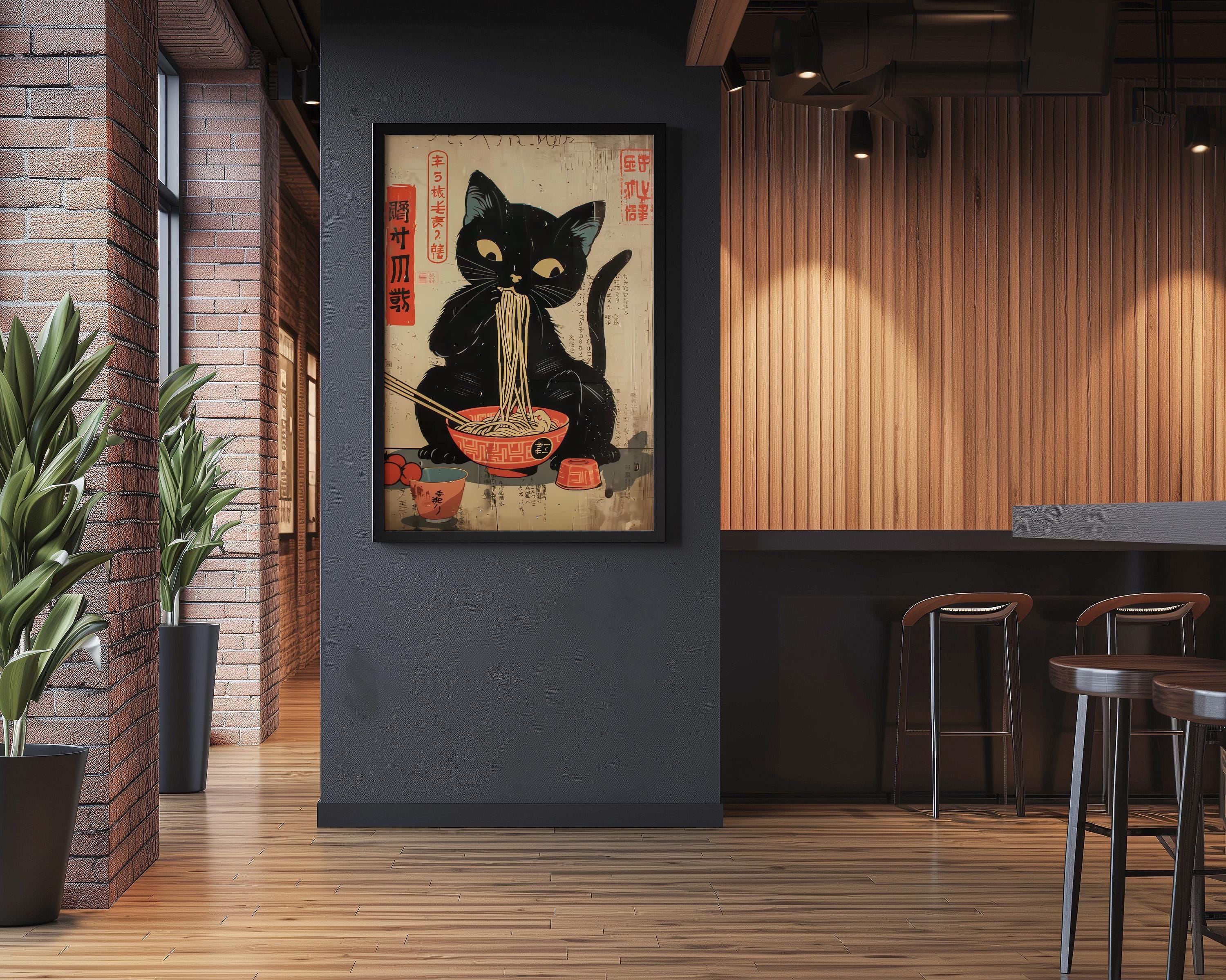 Whimsical Black Cat Ramen Art - Cozy Japanese Edo Decor