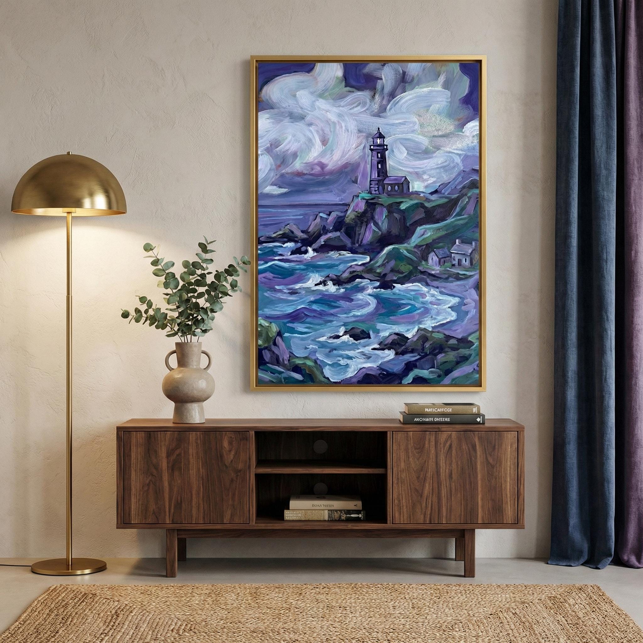 Fantasy Lighthouse Canvas, Purple Ocean, White Deer (Ready to Hang)