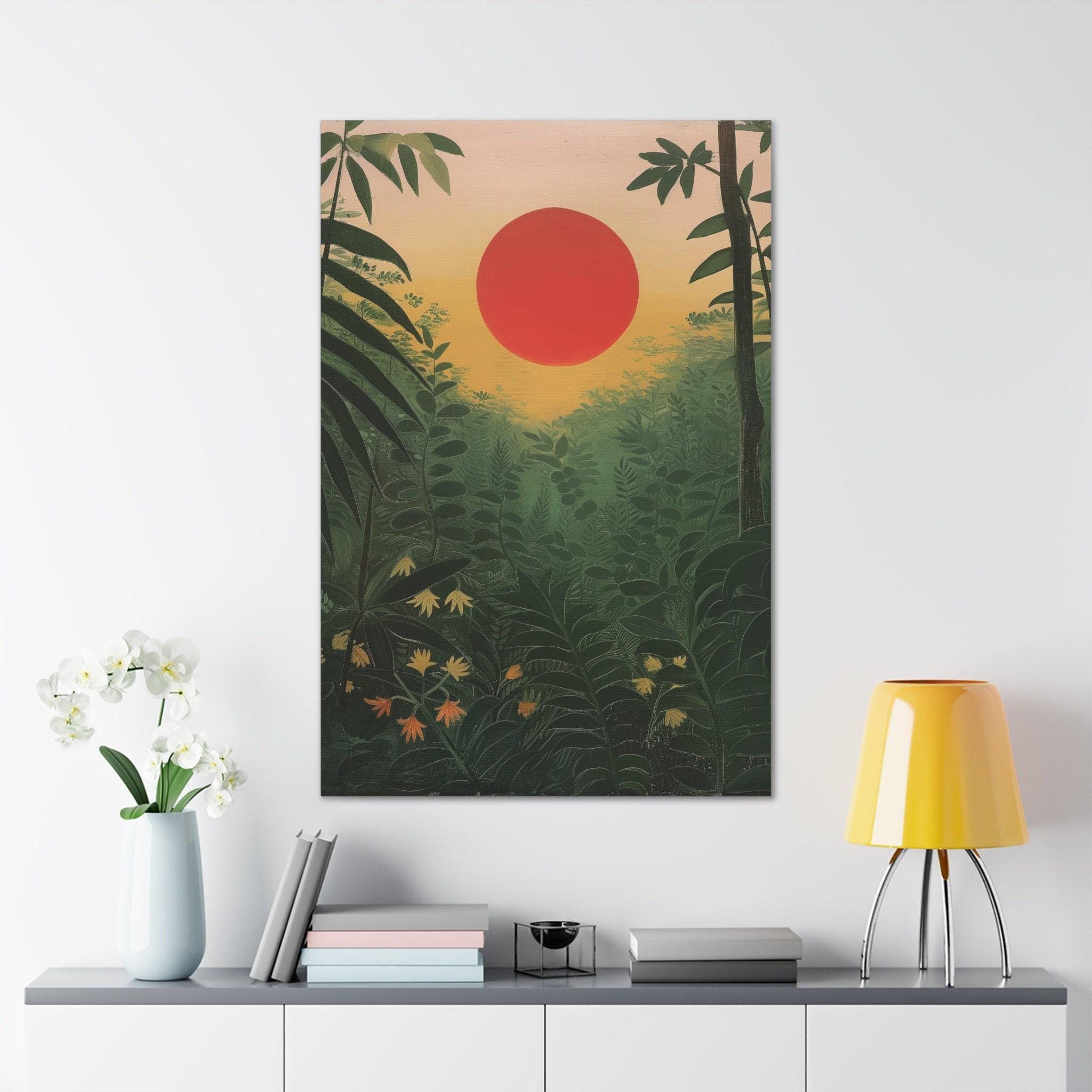 Tropical Forest Print: Red Sun Sunrise Landscape (Canvas or Framed)