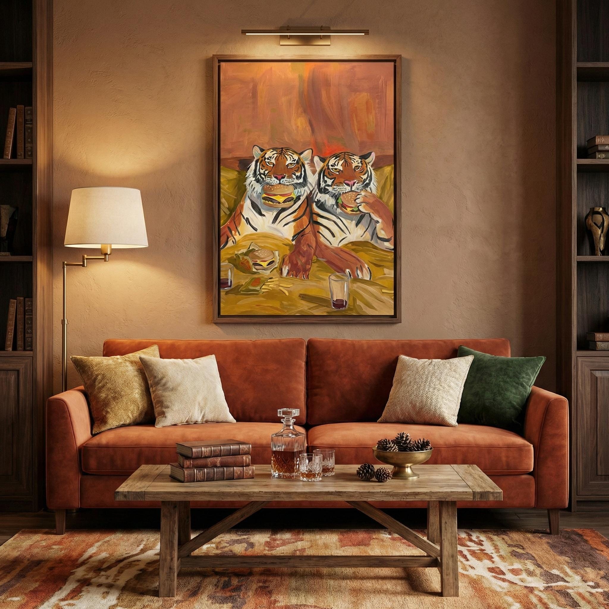 Quirky Tiger Canvas, Burgers and Fries, Warm Tones (Bedroom or Dorm)