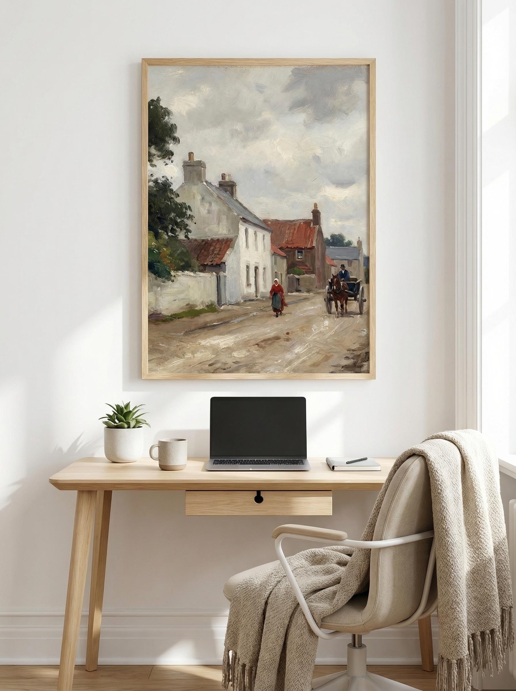 Vintage European Village Painting French Country Street Scene Art Rustic Farmhouse Landscape Print