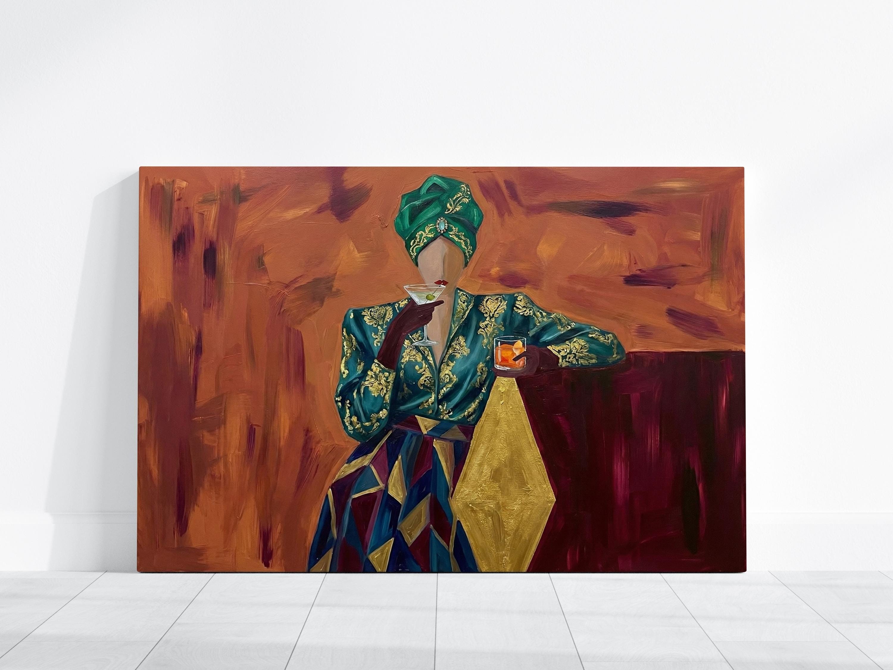 Emerald Turban Cocktail Woman Art - Abstract Vintage Style Print