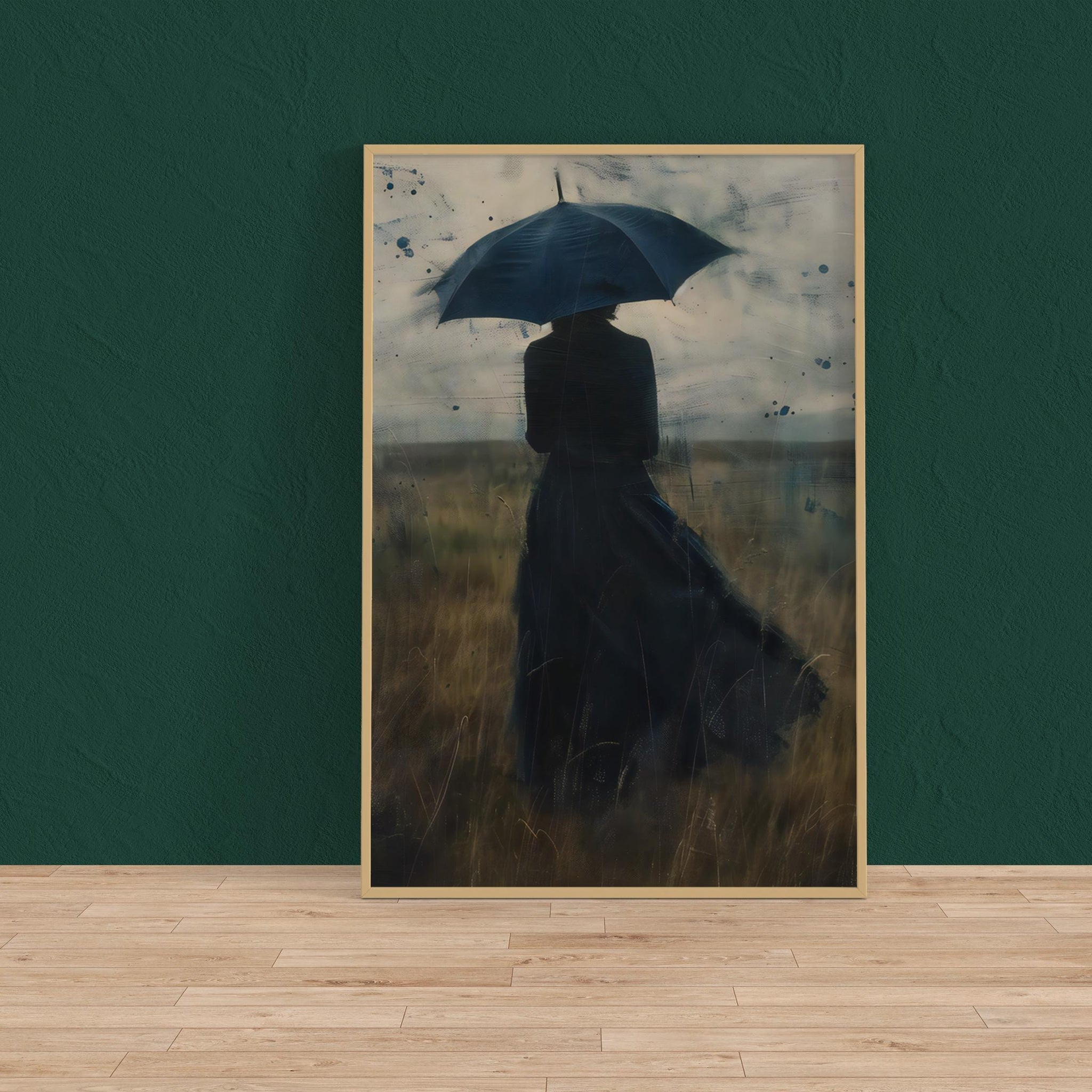 Solitude in the Rain Canvas: Moody Woman with Umbrella - Muted Colors