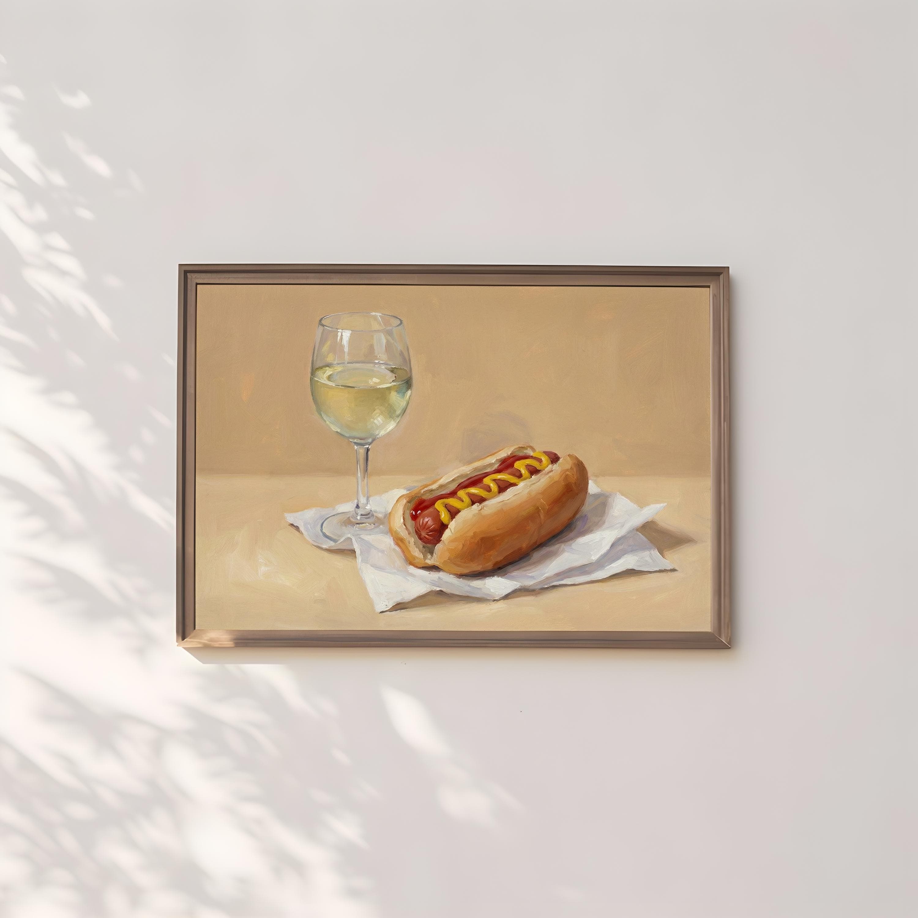 Hot Dog and Wine Wall Art: Funny Food Painting - Kitchen Decor