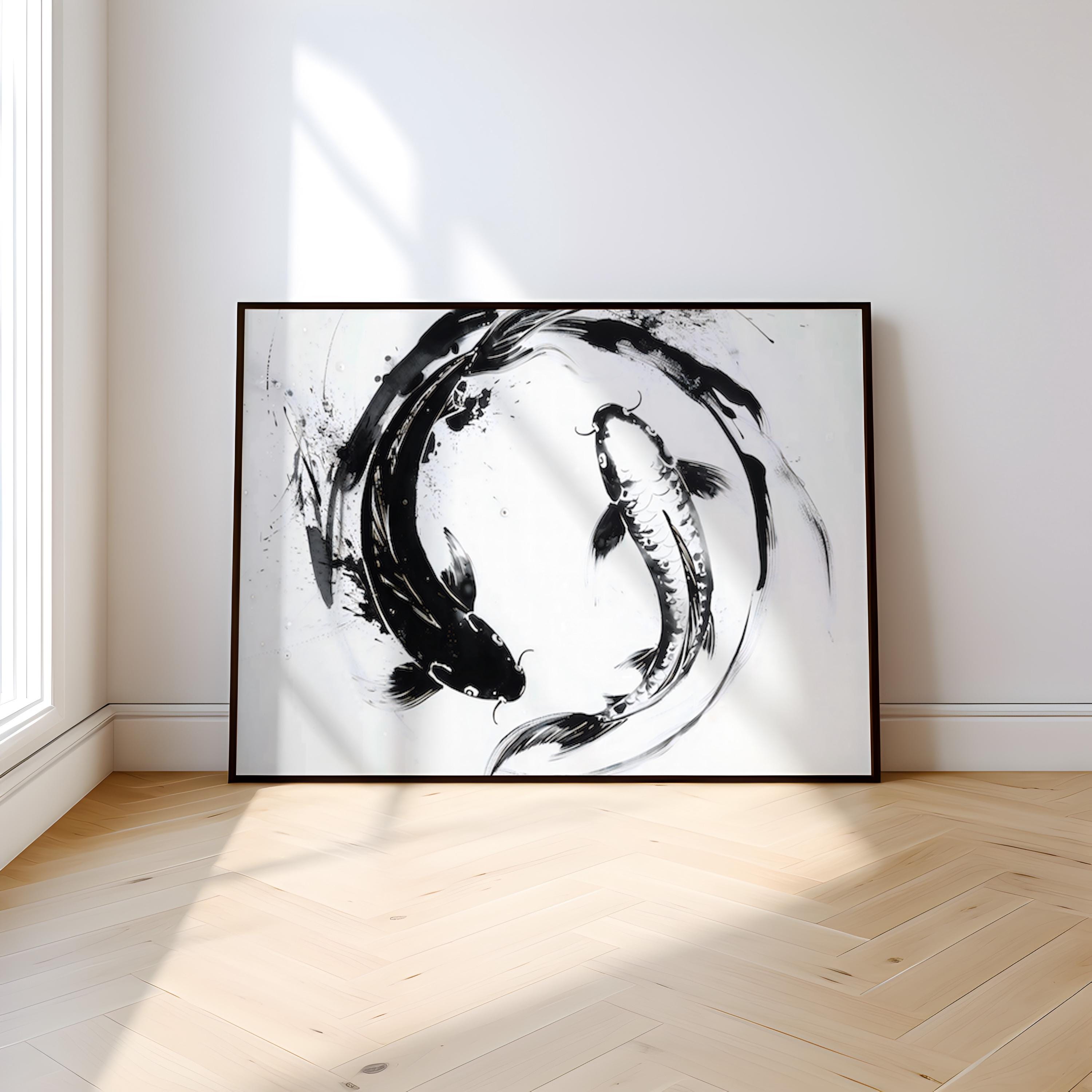 The Dance of Two: Abstract Black & White Koi Fish Art | Modern & Serene Wall Decor