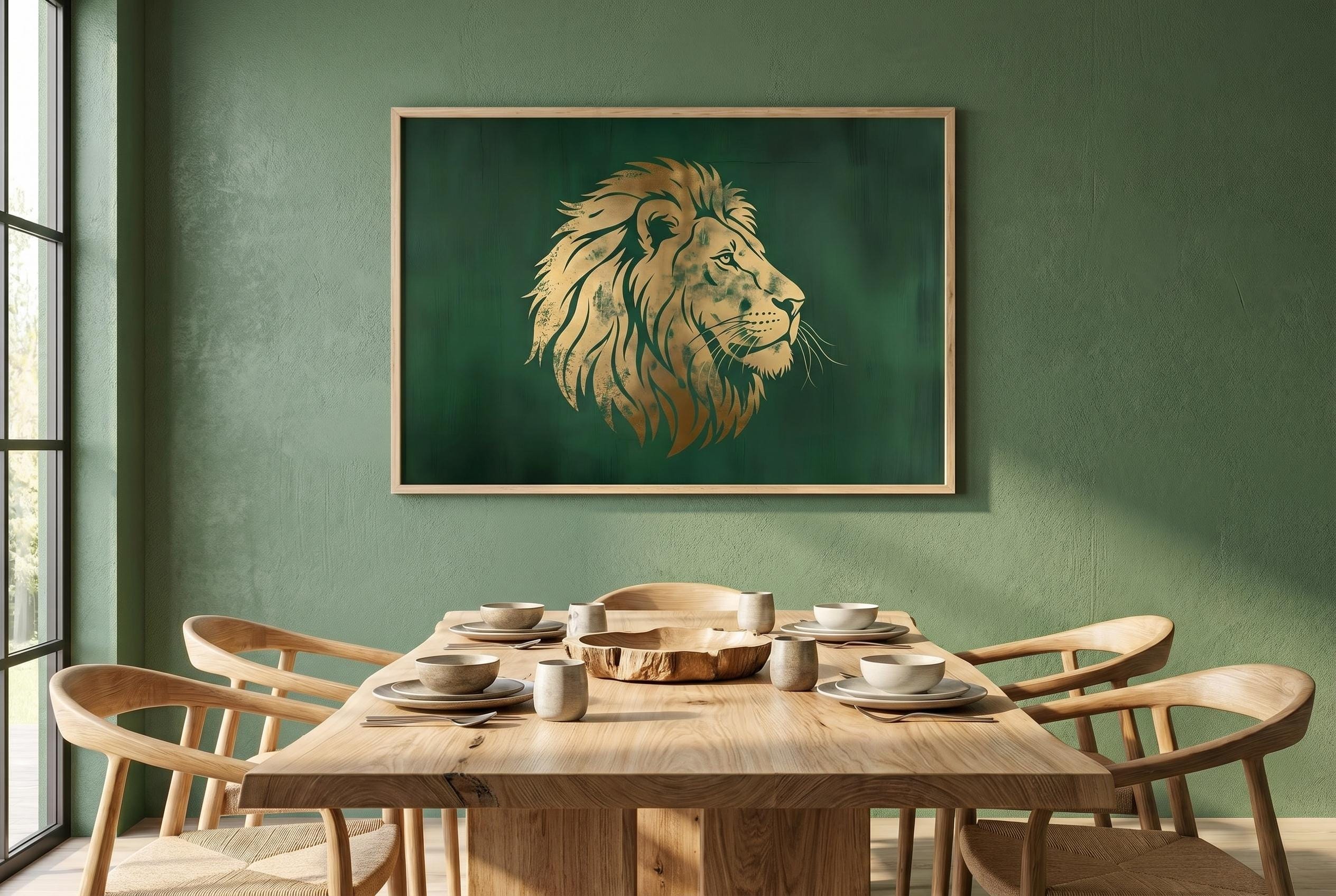 Art Deco Wall Art - Gold Foil Lion Profile Print with Regal Green Metallic Texture