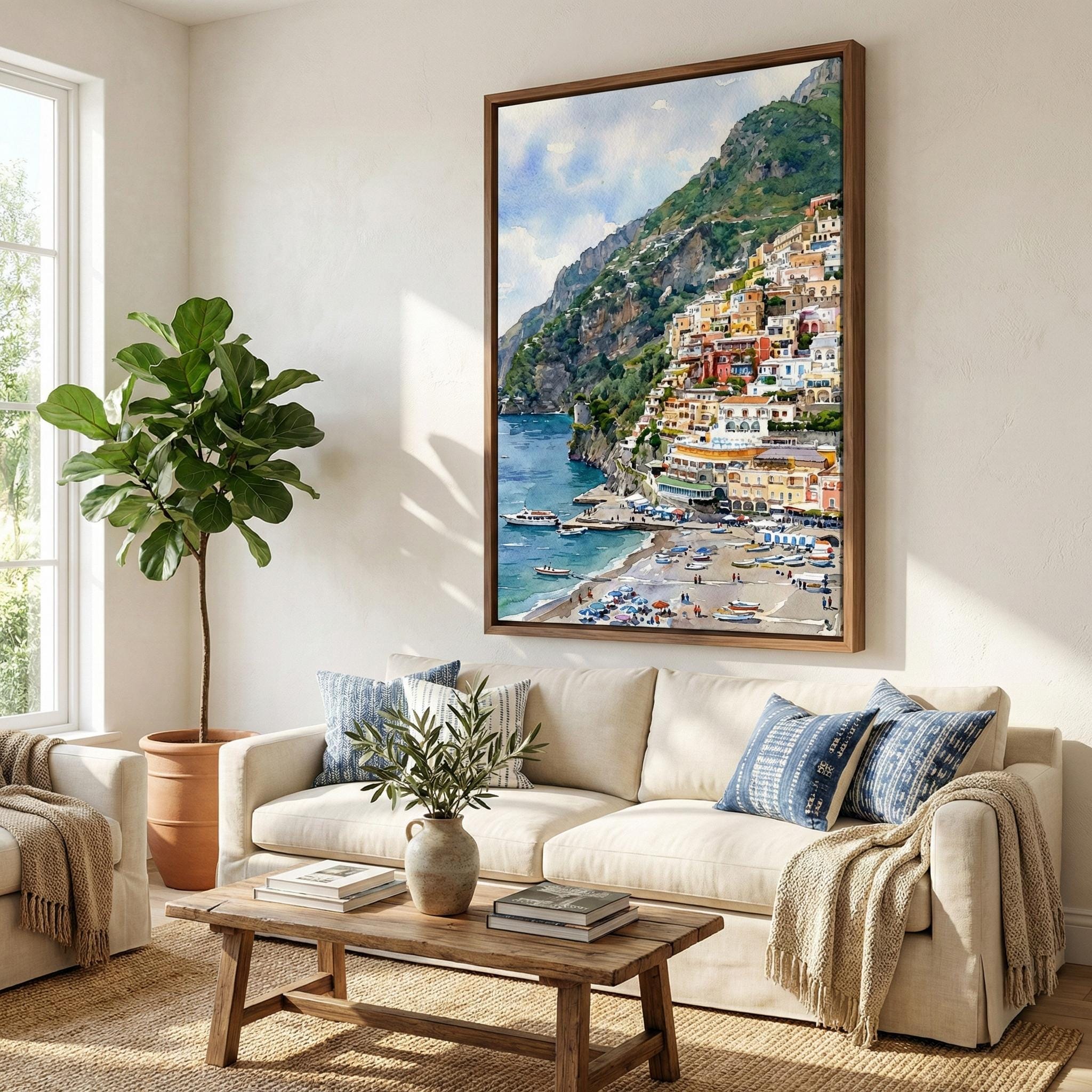 Mediterranean Landscape Print, Positano Coast, Bright Colors (Multiple Sizes)