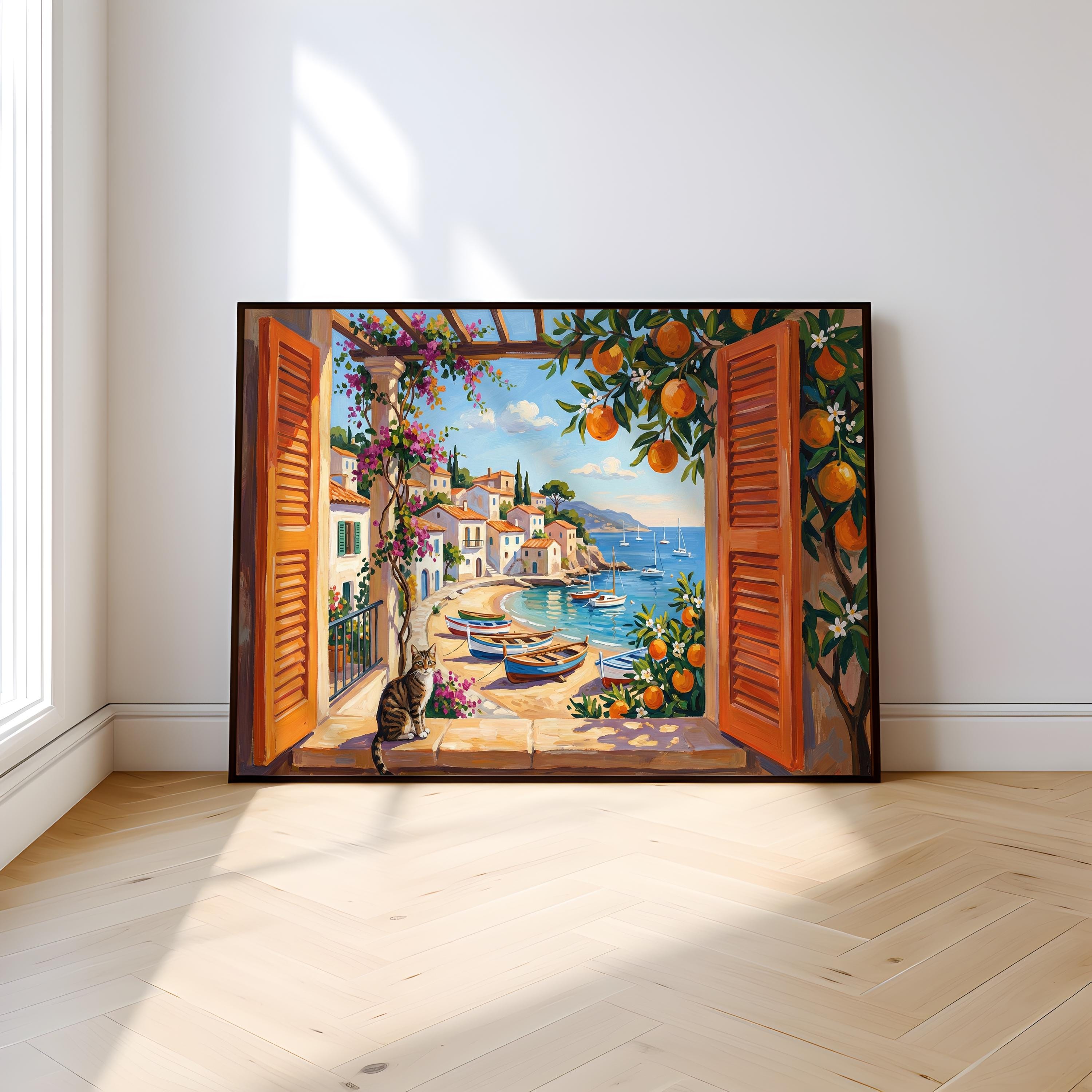 Italian Coastal Wall Art: Mediterranean View with Cat - Vibrant Colors