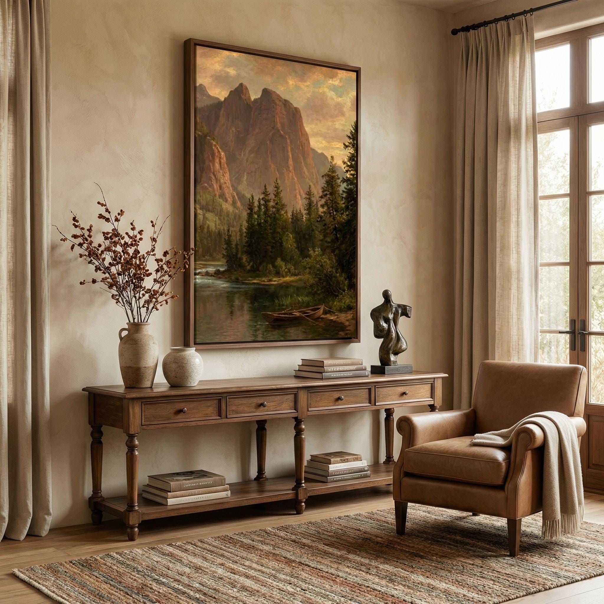 Vintage Mountain Lake Art: Rustic Cabin Landscape in Warm Earth Tones